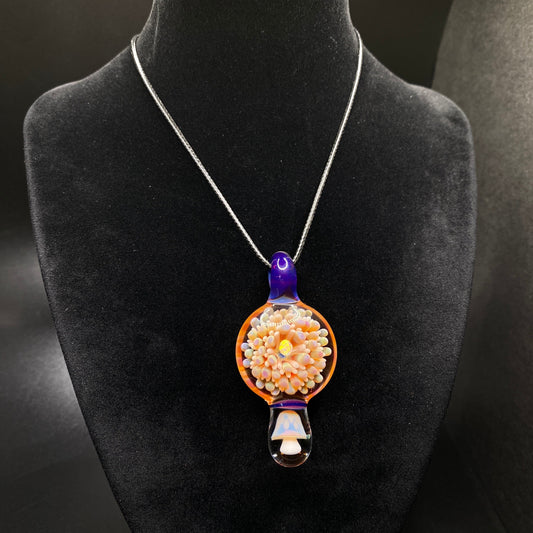 Borosilicate Glass Mushroom Pendant with Implosion Dot Pattern and Opal || Heady Glass Necklace || Hand Blown Glass Pink Mushroom Necklace