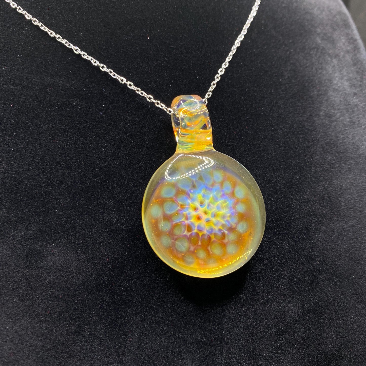 Blown Glass Pendant with Honey Comb Pattern - Colored using Silver Fume Art Glass Technique - Heady Glass Necklace - Gifts for Bee Lovers