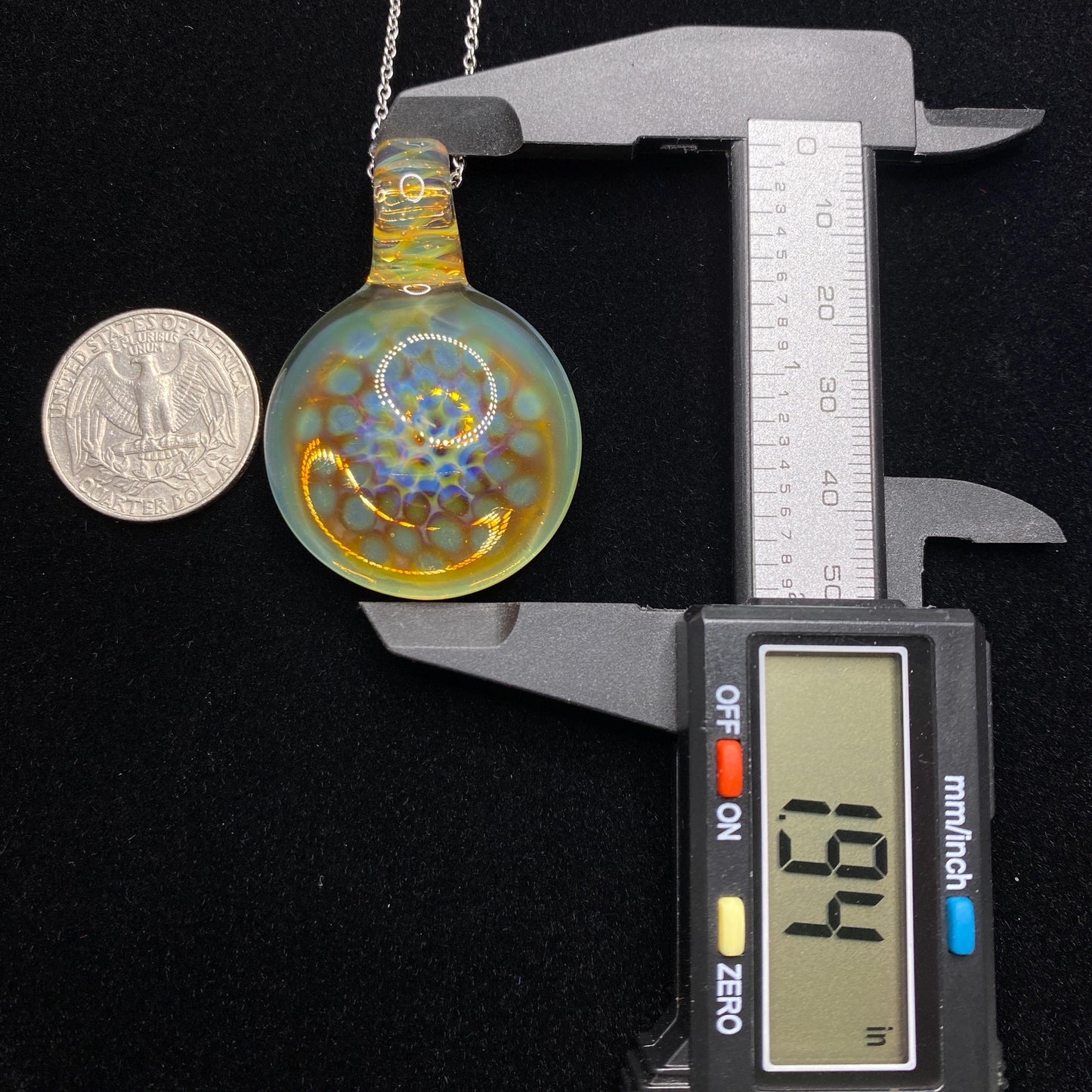 Blown Glass Pendant with Honey Comb Pattern - Colored using Silver Fume Art Glass Technique - Heady Glass Necklace - Gifts for Bee Lovers