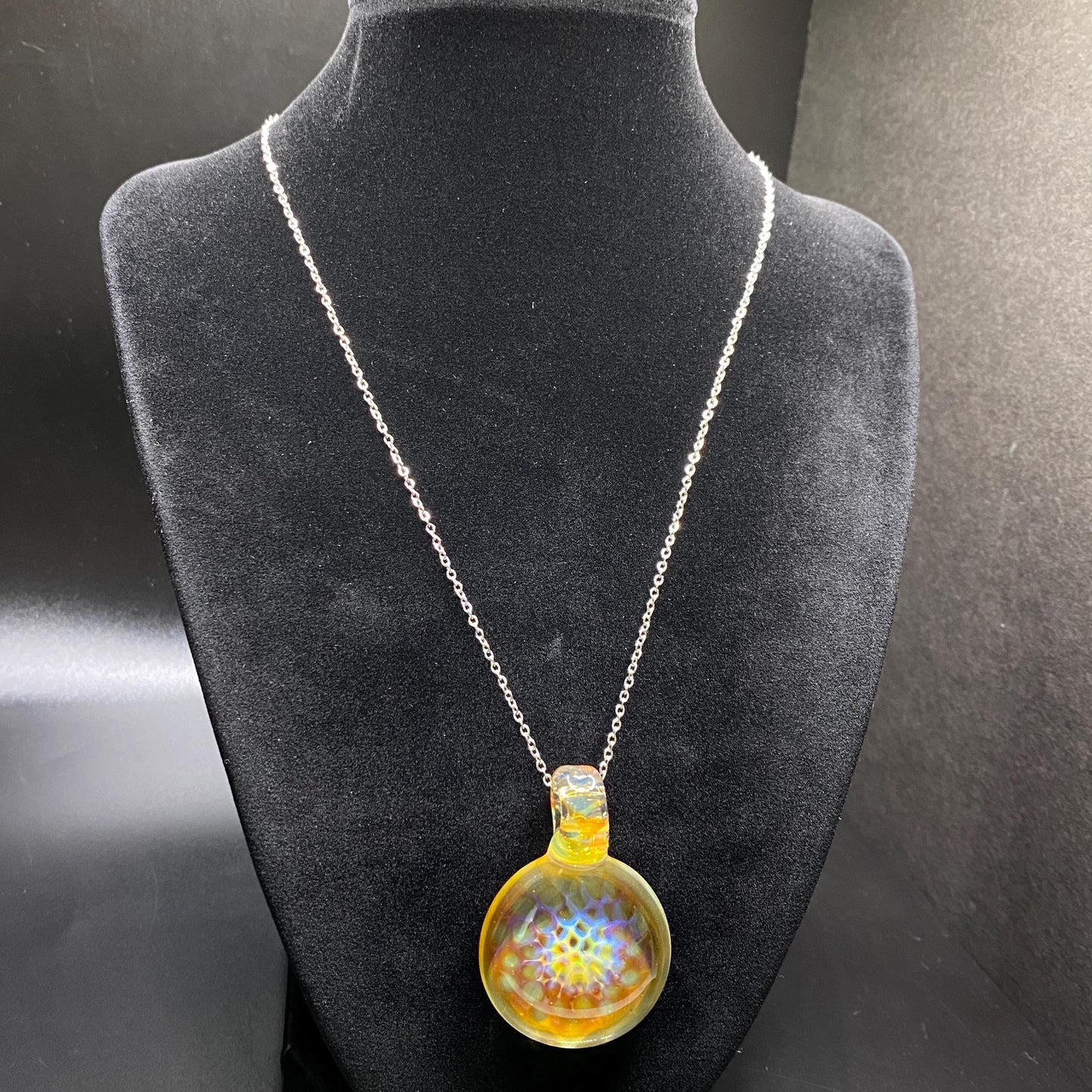 Blown Glass Pendant with Honey Comb Pattern - Colored using Silver Fume Art Glass Technique - Heady Glass Necklace - Gifts for Bee Lovers