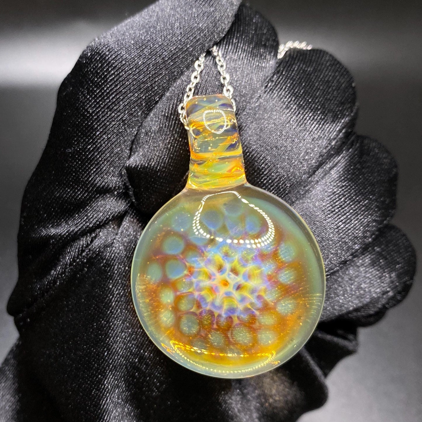 Blown Glass Pendant with Honey Comb Pattern - Colored using Silver Fume Art Glass Technique - Heady Glass Necklace - Gifts for Bee Lovers