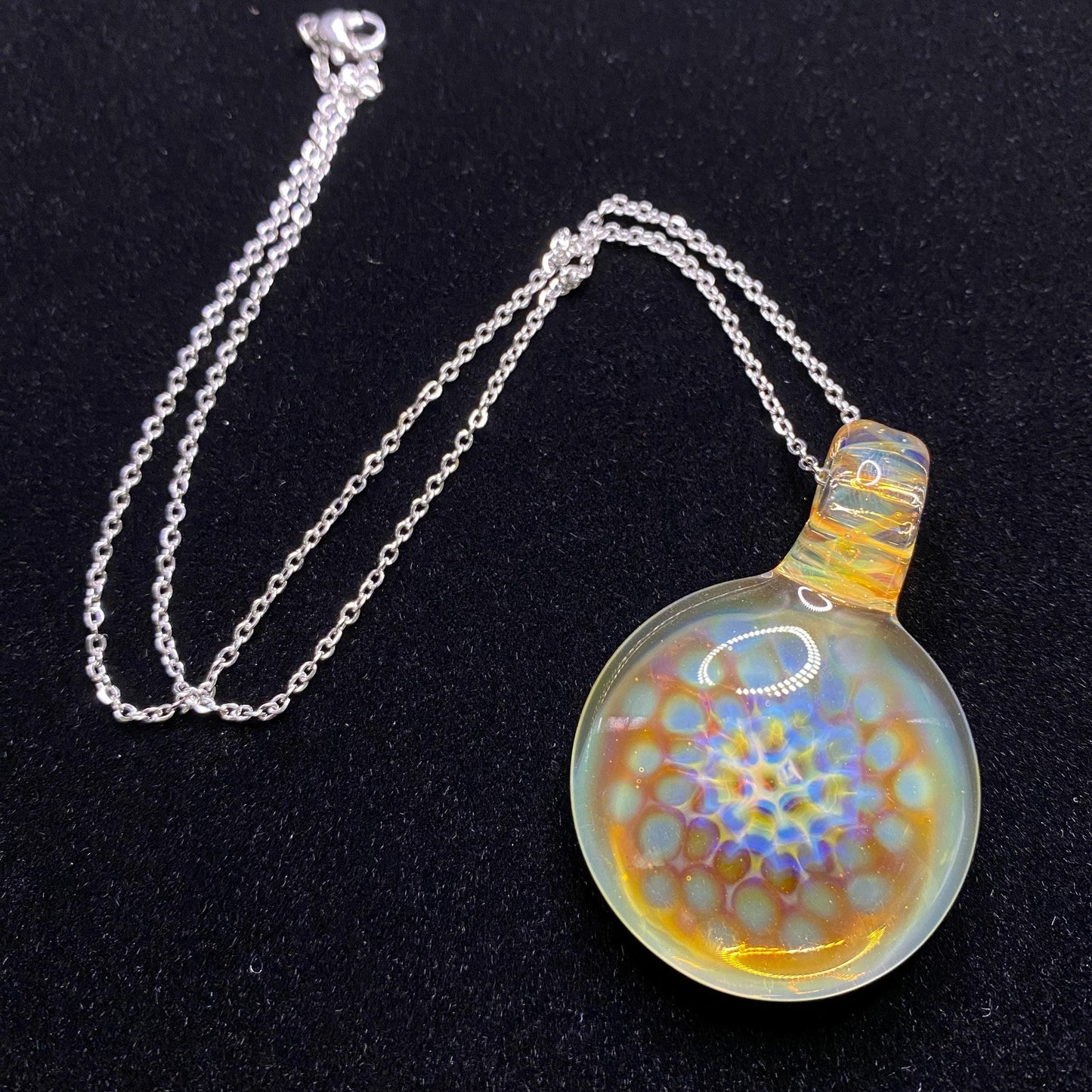 Blown Glass Pendant with Honey Comb Pattern - Colored using Silver Fume Art Glass Technique - Heady Glass Necklace - Gifts for Bee Lovers