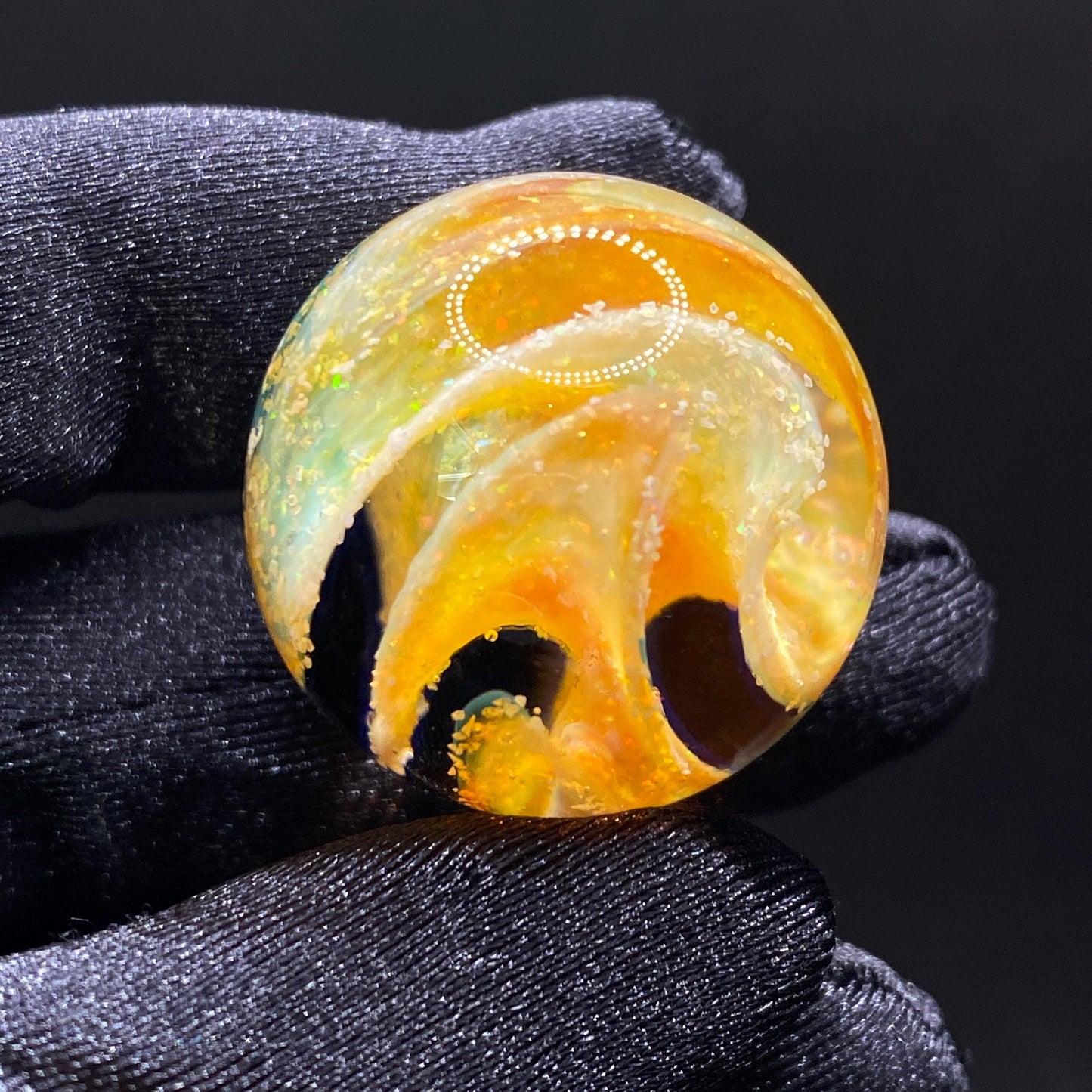 1.08 Inch Handmade Glass Marble with Silver Fume Spiral and Crushed Opal - Heady Glass Art - Includes Wooden Display Stand