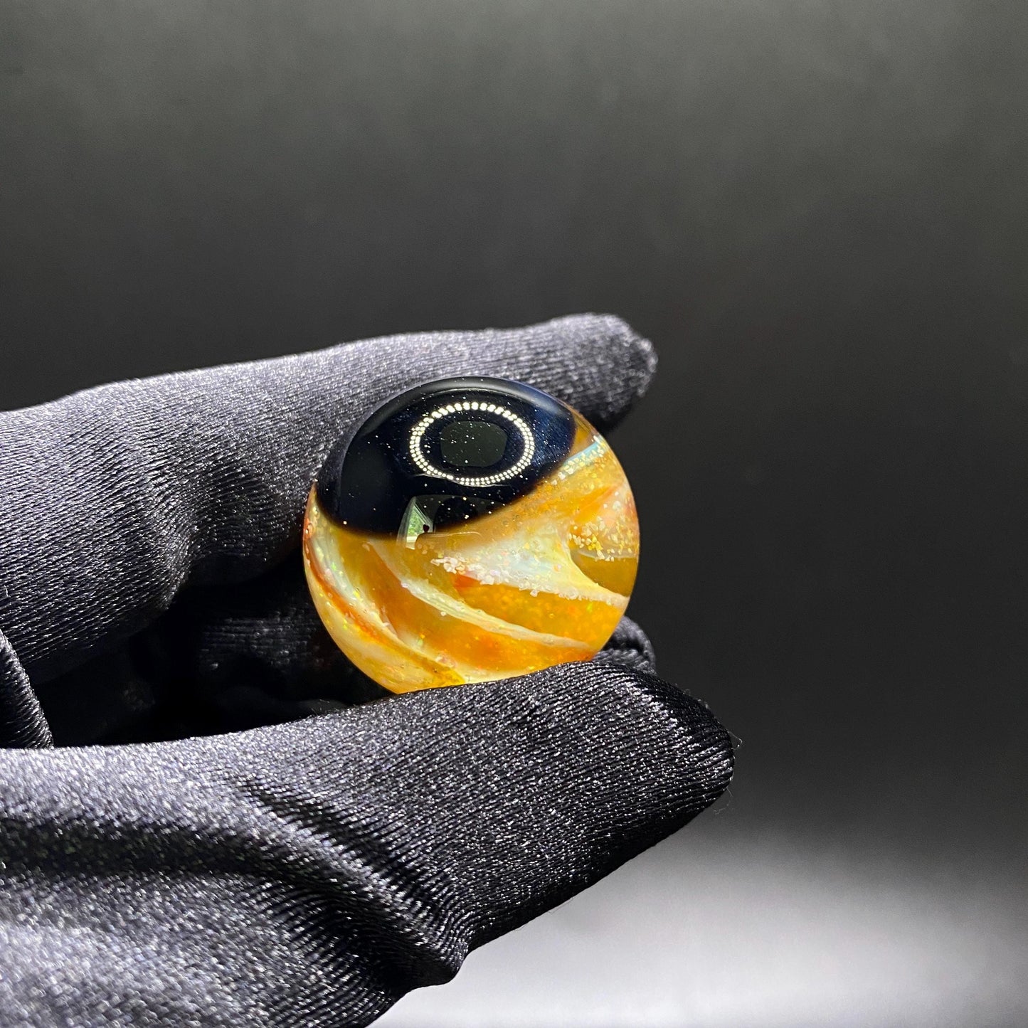 1.08 Inch Handmade Glass Marble with Silver Fume Spiral and Crushed Opal - Heady Glass Art - Includes Wooden Display Stand