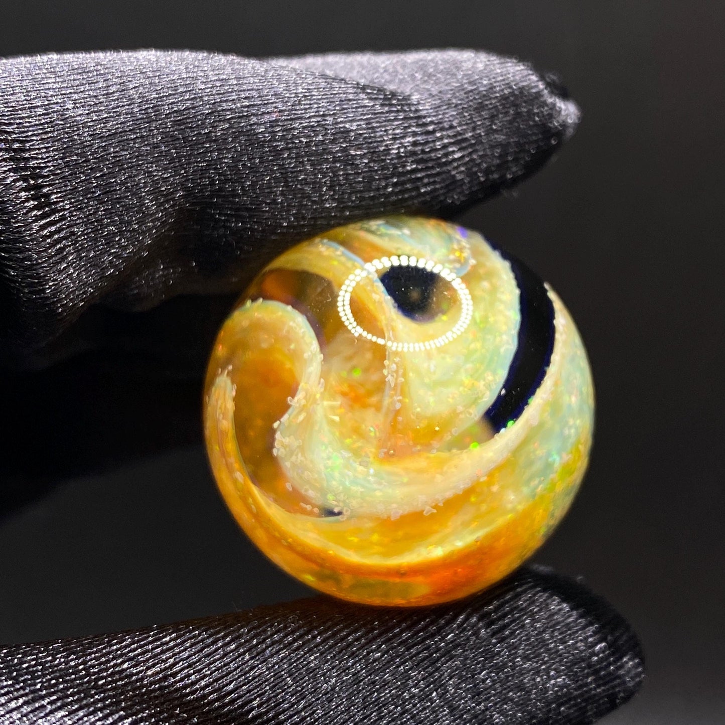 1.08 Inch Handmade Glass Marble with Silver Fume Spiral and Crushed Opal - Heady Glass Art - Includes Wooden Display Stand