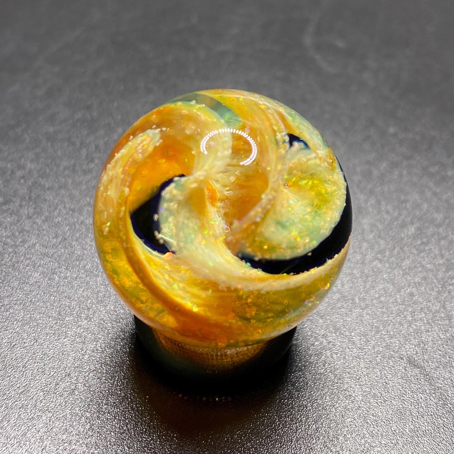 1.08 Inch Handmade Glass Marble with Silver Fume Spiral and Crushed Opal - Heady Glass Art - Includes Wooden Display Stand