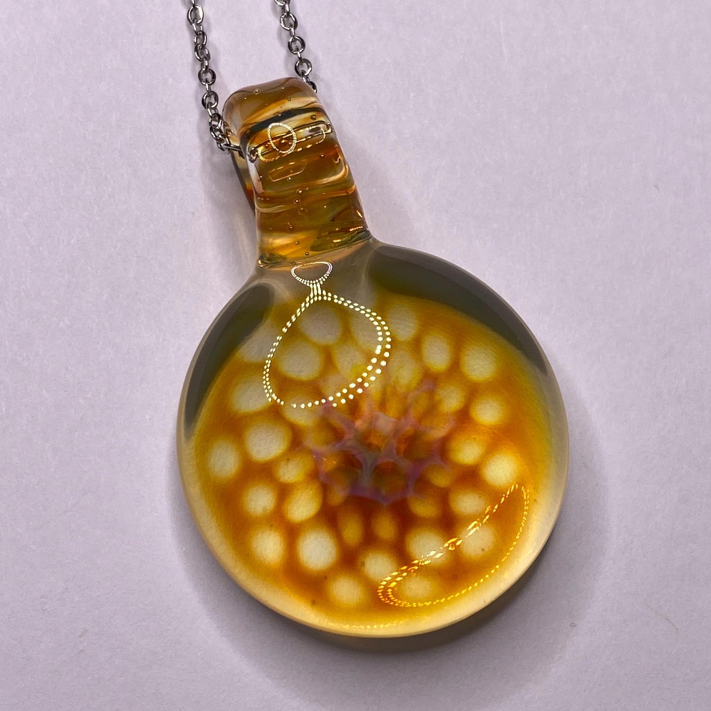 Blown Glass Pendant with Honey Comb Pattern - Colored using Silver Fume Art Glass Technique - Heady Glass Necklace - Gifts for Bee Lovers