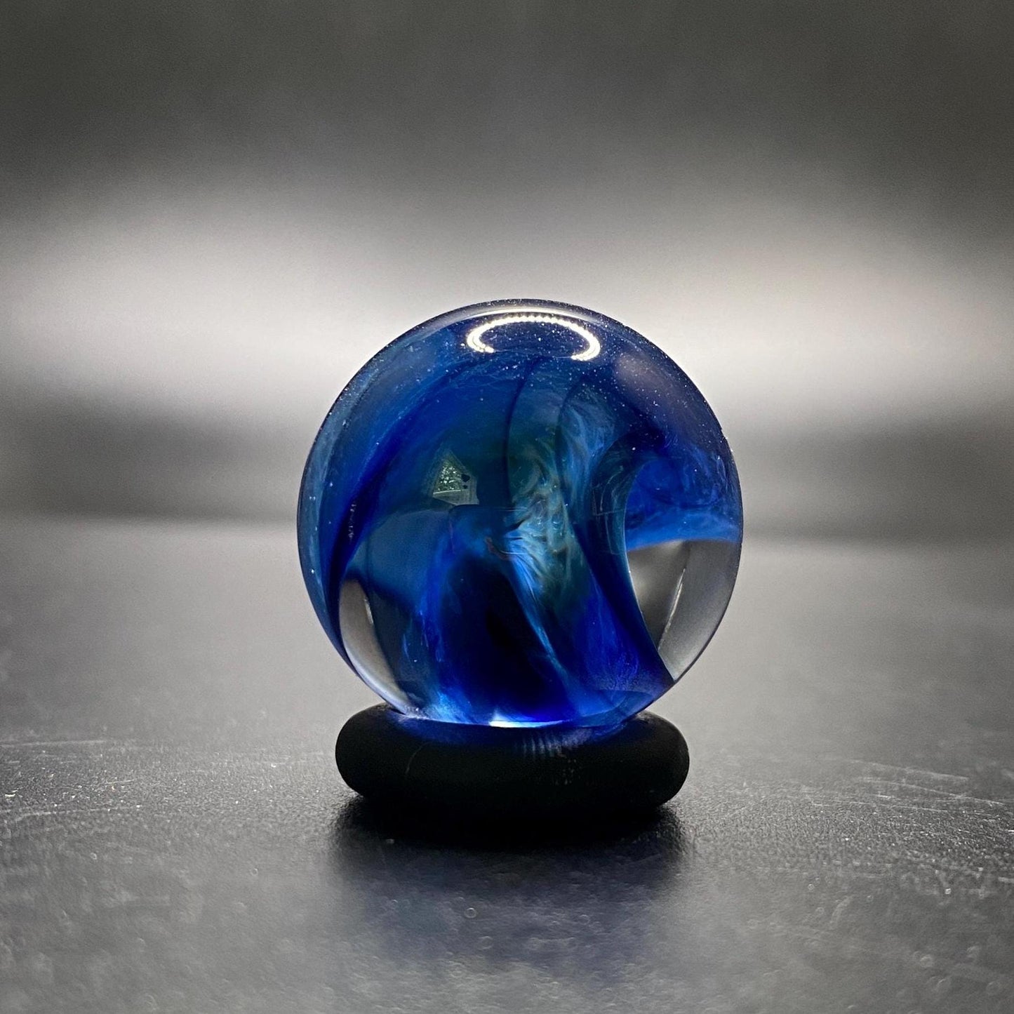Handmade Blue Glass Marble with Frit Spiral - 1.01 Inch - Heady Glass Art Marble - Includes Wooden Display Stand
