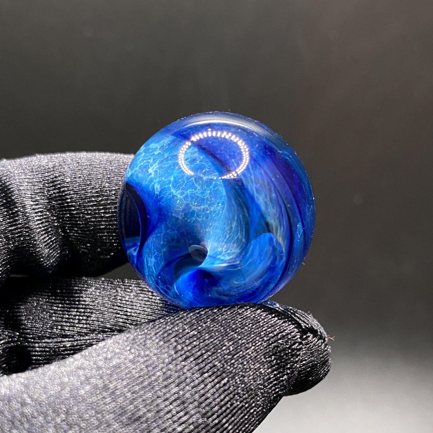 Handmade Blue Glass Marble with Frit Spiral - 1.01 Inch - Heady Glass Art Marble - Includes Wooden Display Stand