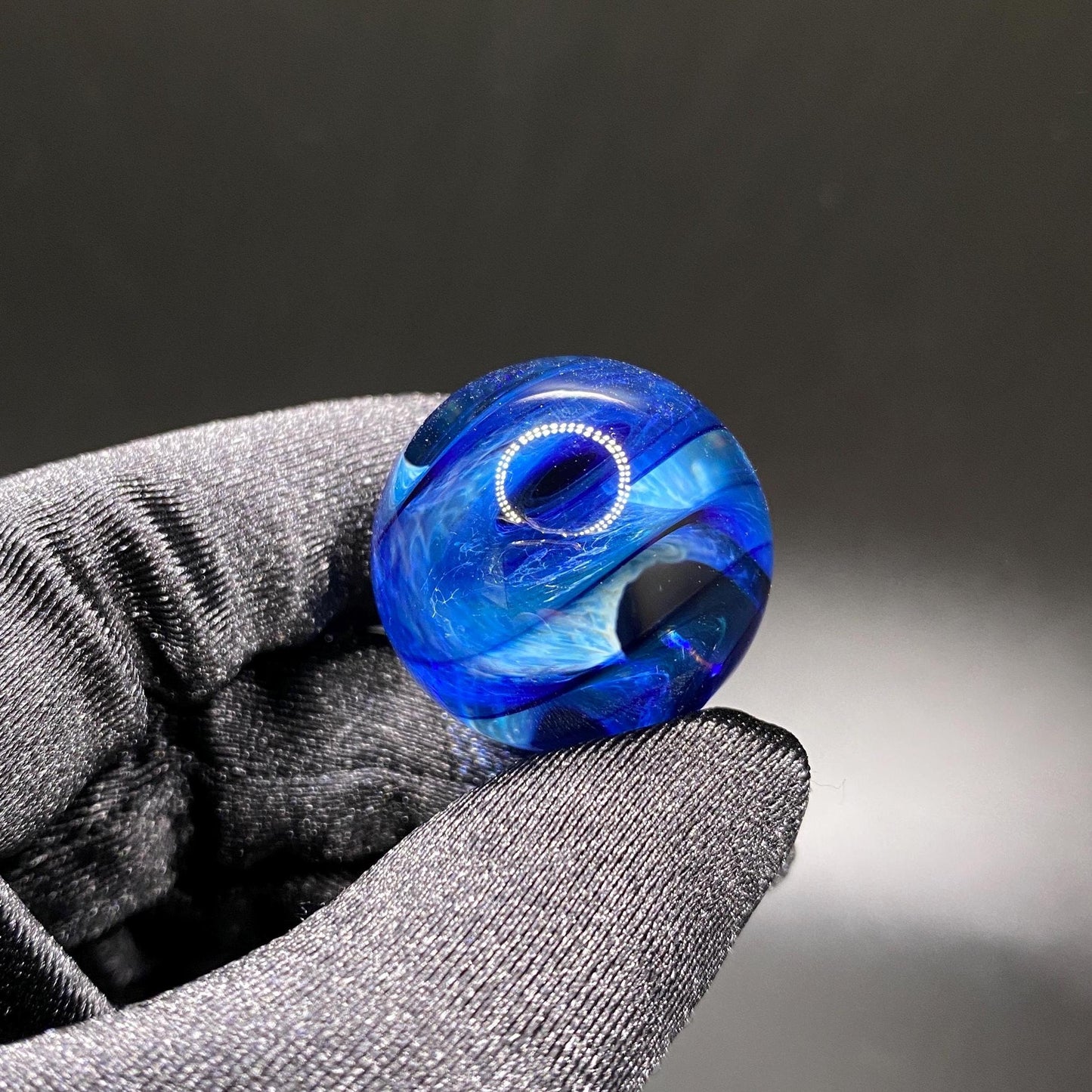 Handmade Blue Glass Marble with Frit Spiral - 1.01 Inch - Heady Glass Art Marble - Includes Wooden Display Stand