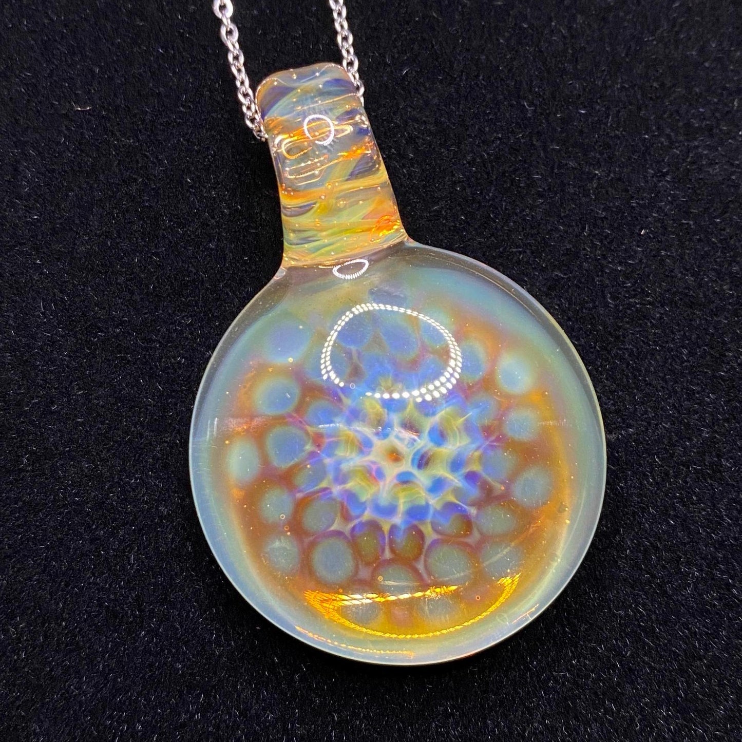 Blown Glass Pendant with Honey Comb Pattern - Colored using Silver Fume Art Glass Technique - Heady Glass Necklace - Gifts for Bee Lovers