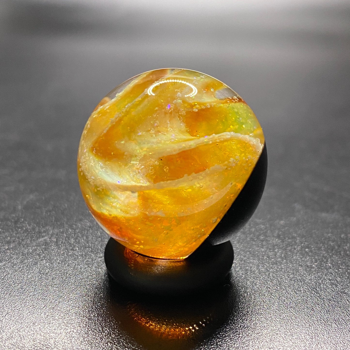 1.08 Inch Handmade Glass Marble with Silver Fume Spiral and Crushed Opal - Heady Glass Art - Includes Wooden Display Stand