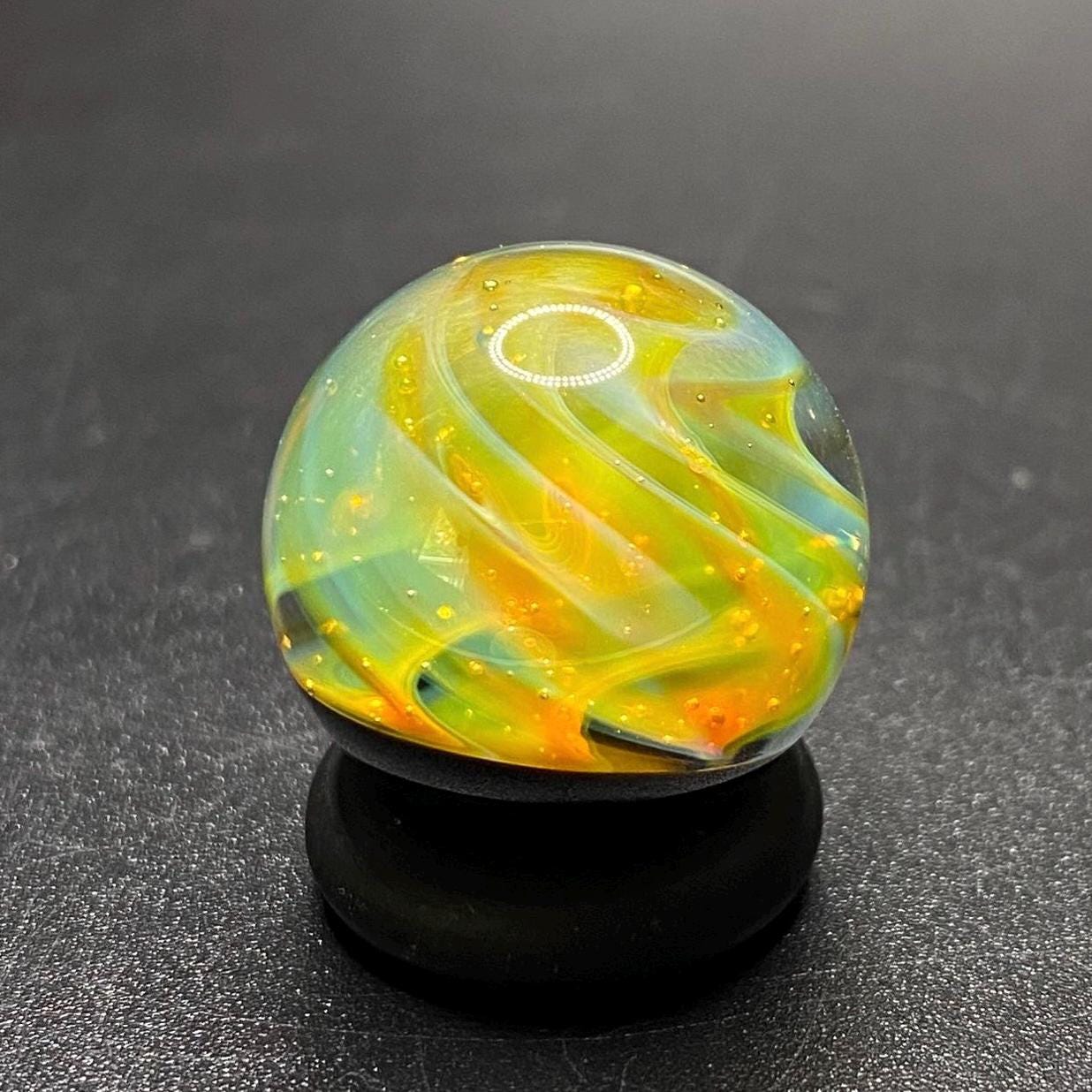 Handmade Glass Marble with Silver Fume Spiral and Electrum Accent .86 Inch - Free Wooden Display Stand Included