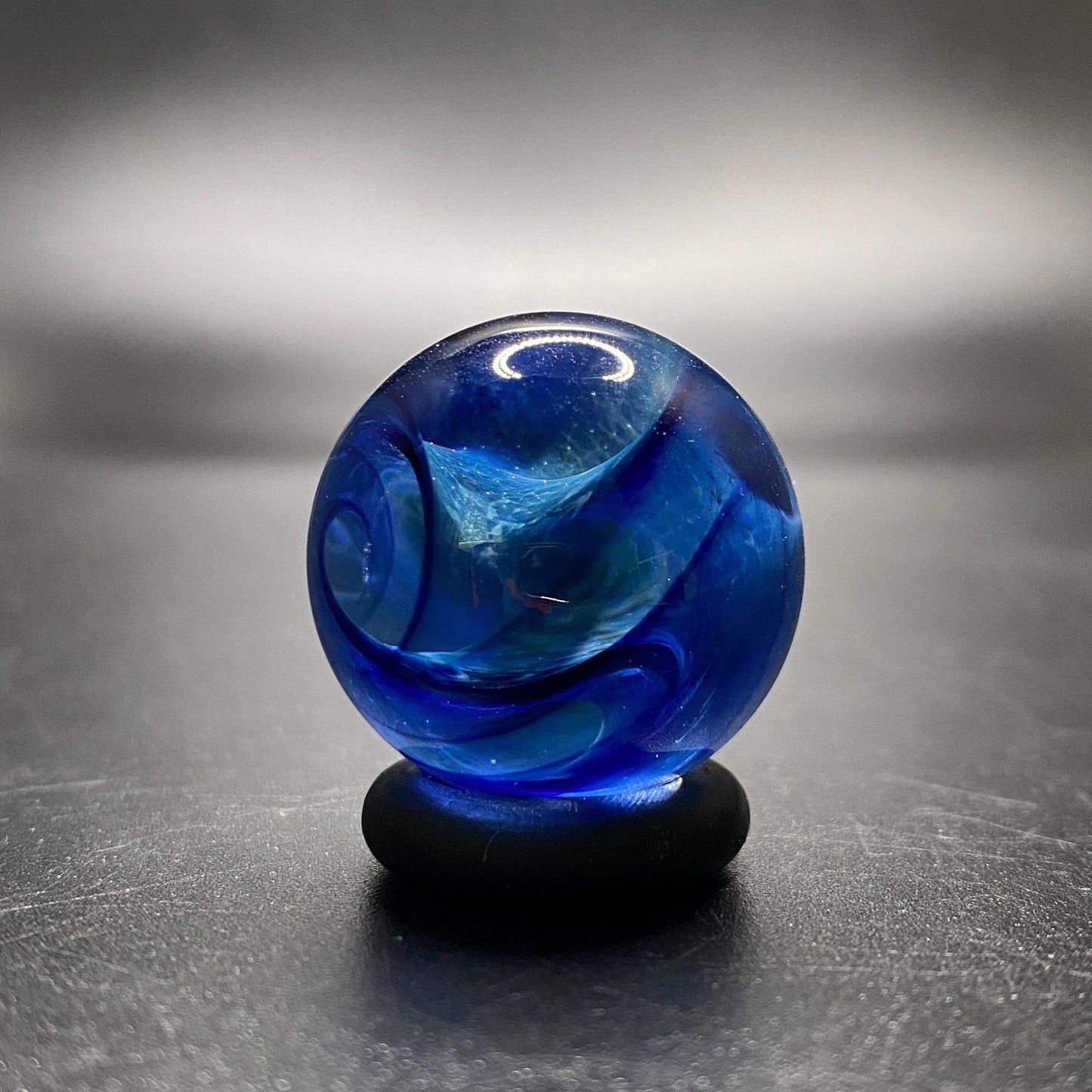Handmade Blue Glass Marble with Frit Spiral - 1.01 Inch - Heady Glass Art Marble - Includes Wooden Display Stand