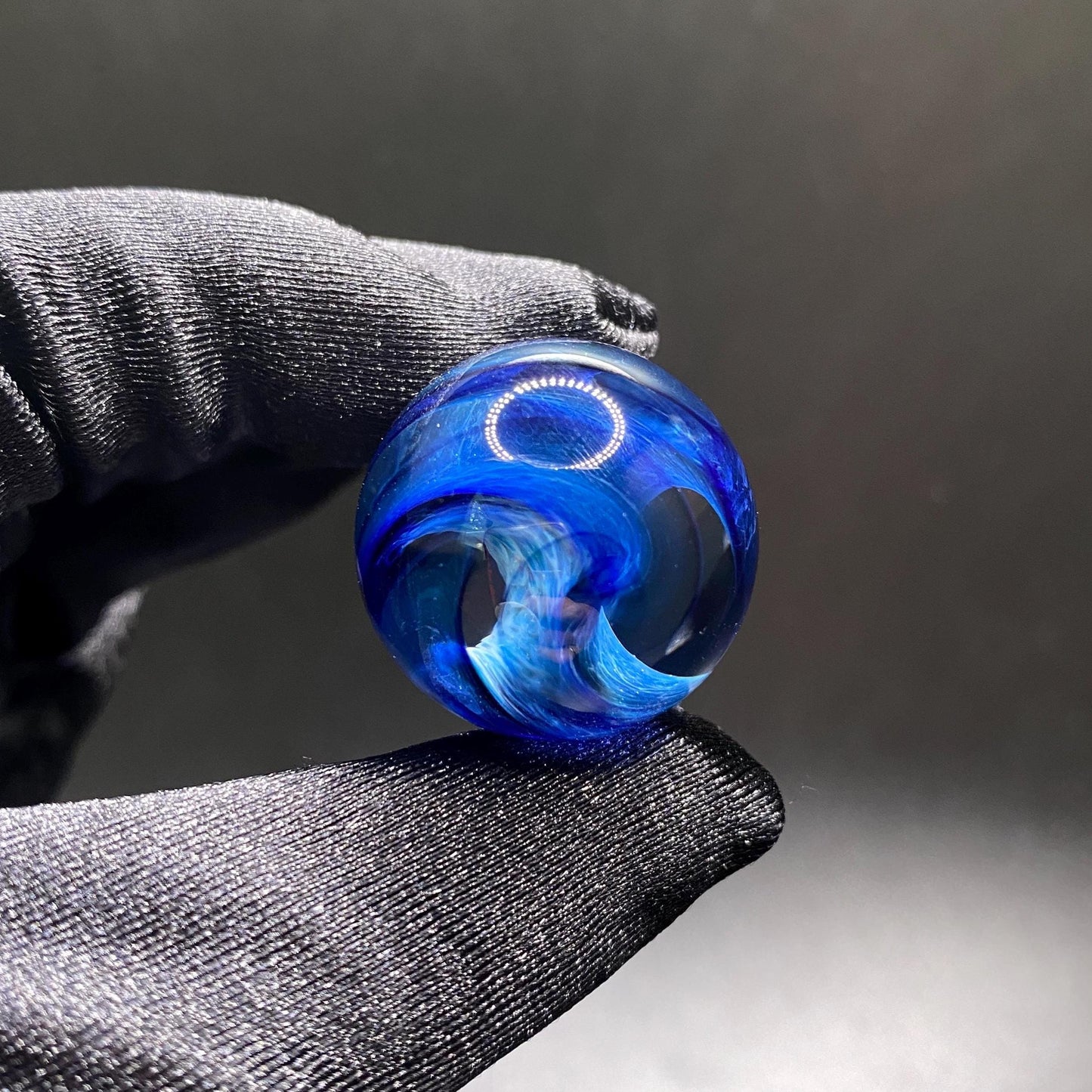Handmade Blue Glass Marble with Frit Spiral - 1.01 Inch - Heady Glass Art Marble - Includes Wooden Display Stand