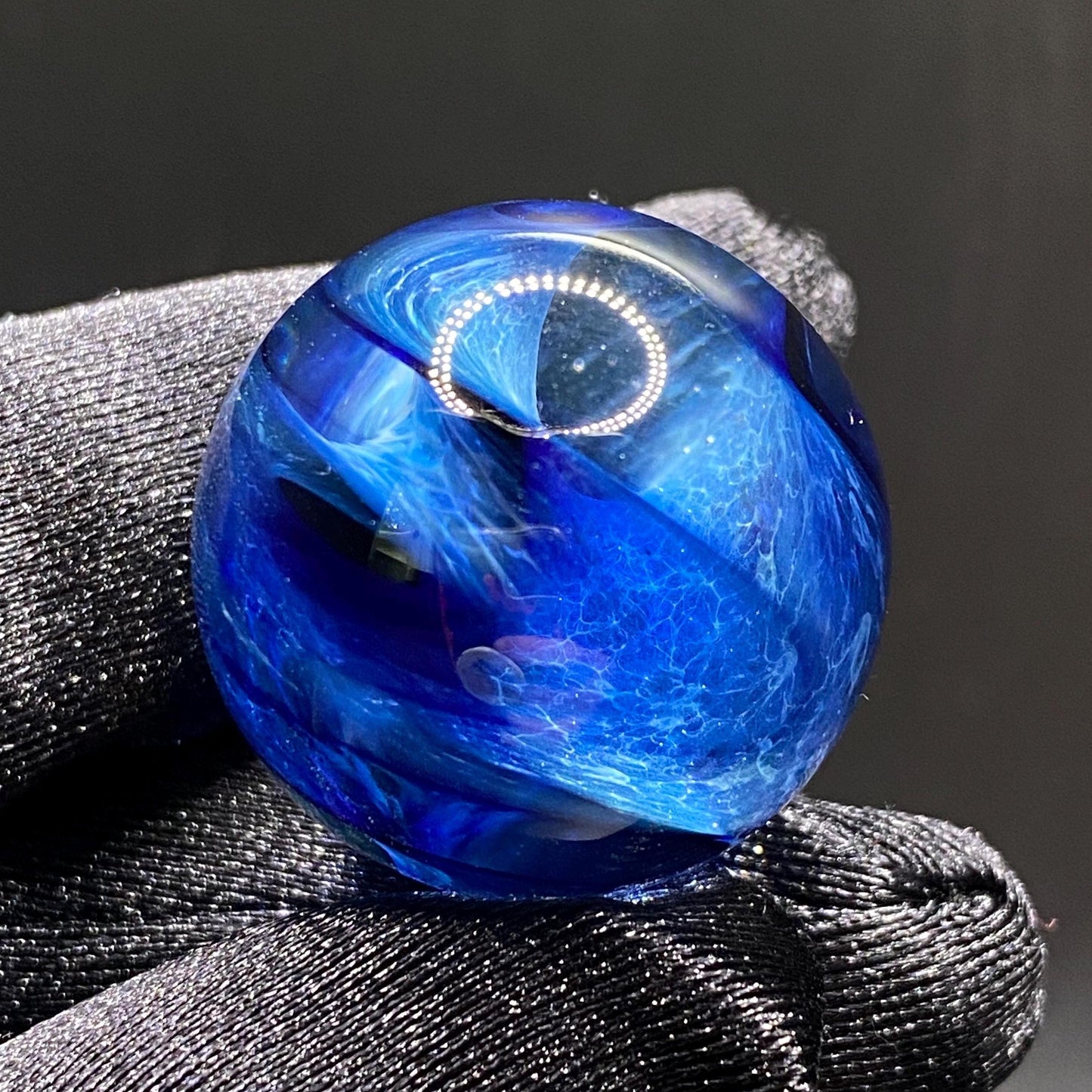 Handmade Blue Glass Marble with Frit Spiral - 1.01 Inch - Heady Glass Art Marble - Includes Wooden Display Stand