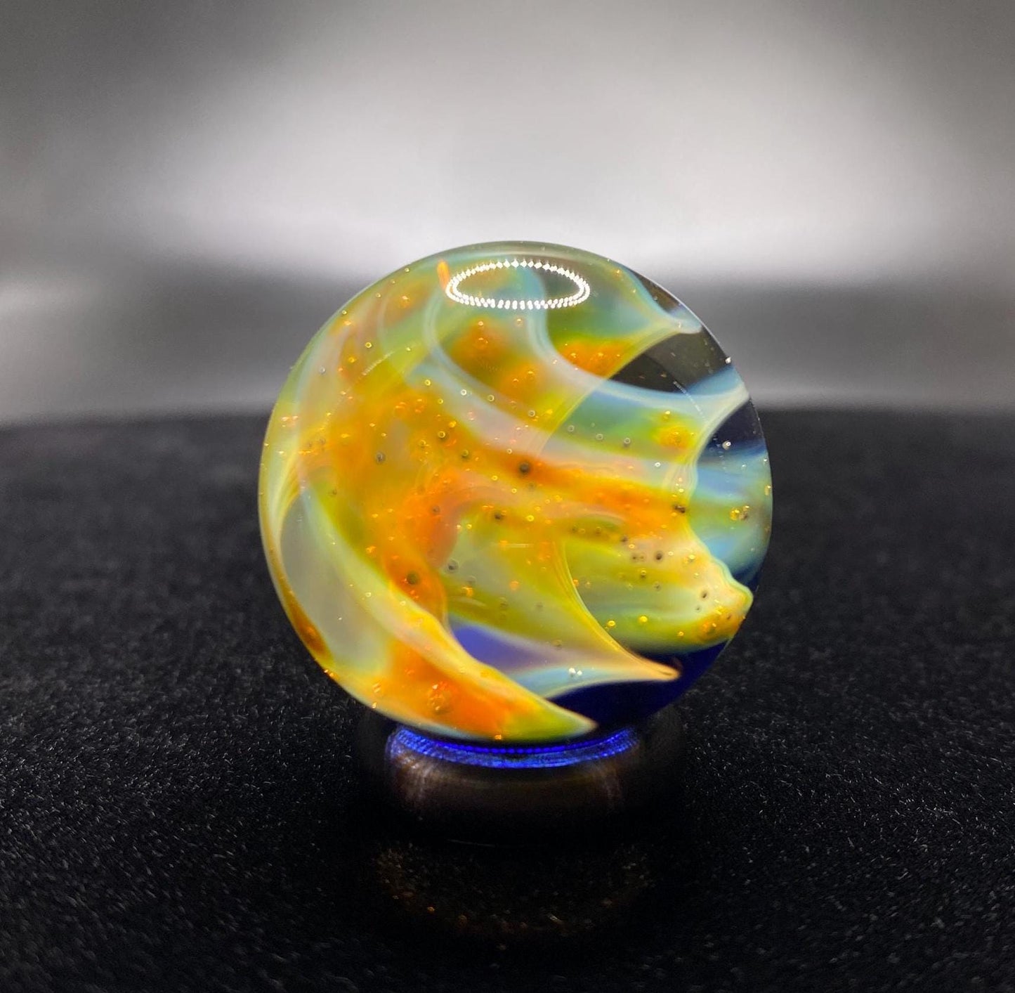 1.16 Inch Handcrafted Borosilicate Glass Marble with Silver Fume Spiral - Heady Glass Art Marble - Includes Wooden Display Stand