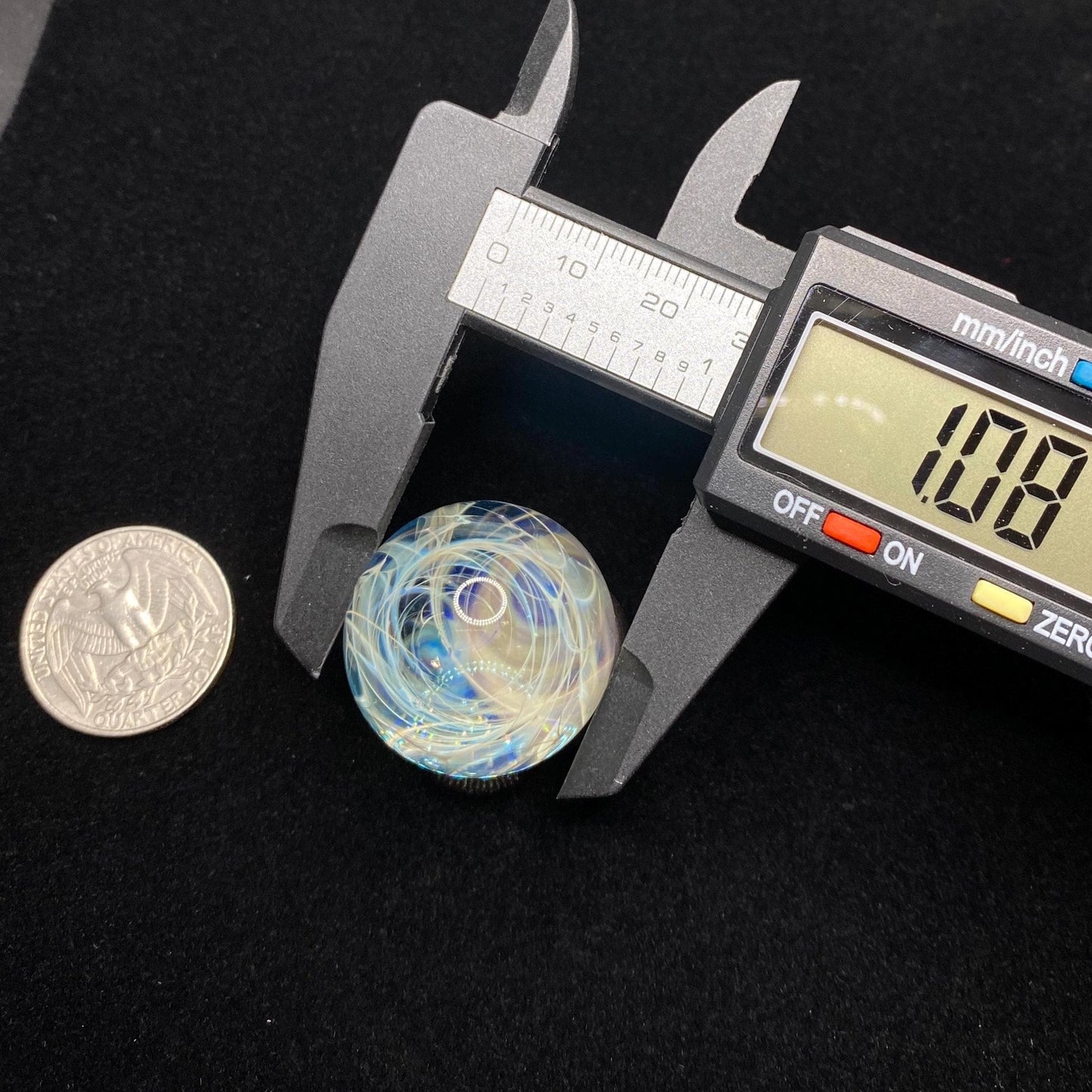 Silver Chaos Fume Blue Glass Marble 1.08 Inch Handcrafted || Includes Free Wood Display Stand