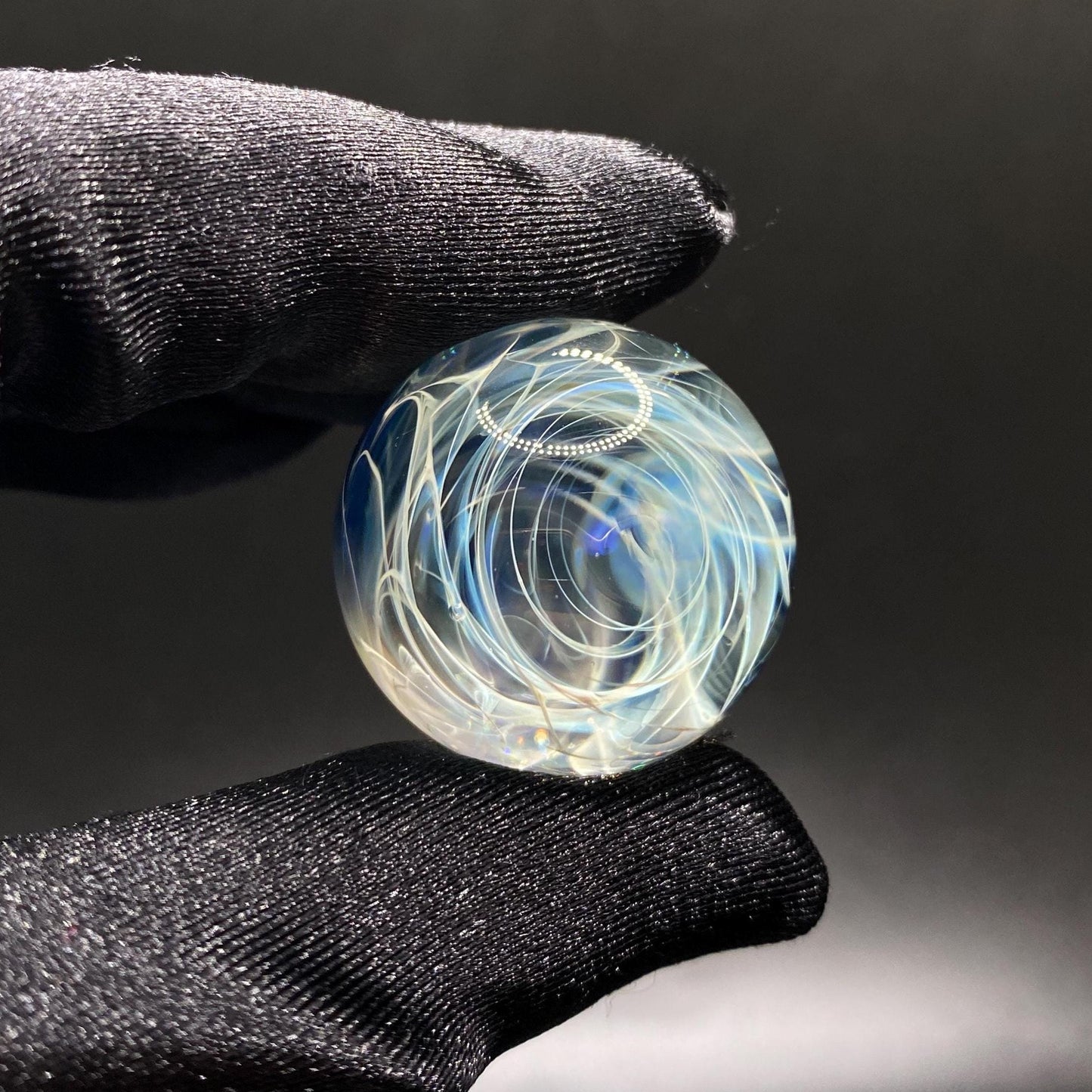 Silver Chaos Fume Blue Glass Marble 1.08 Inch Handcrafted || Includes Free Wood Display Stand