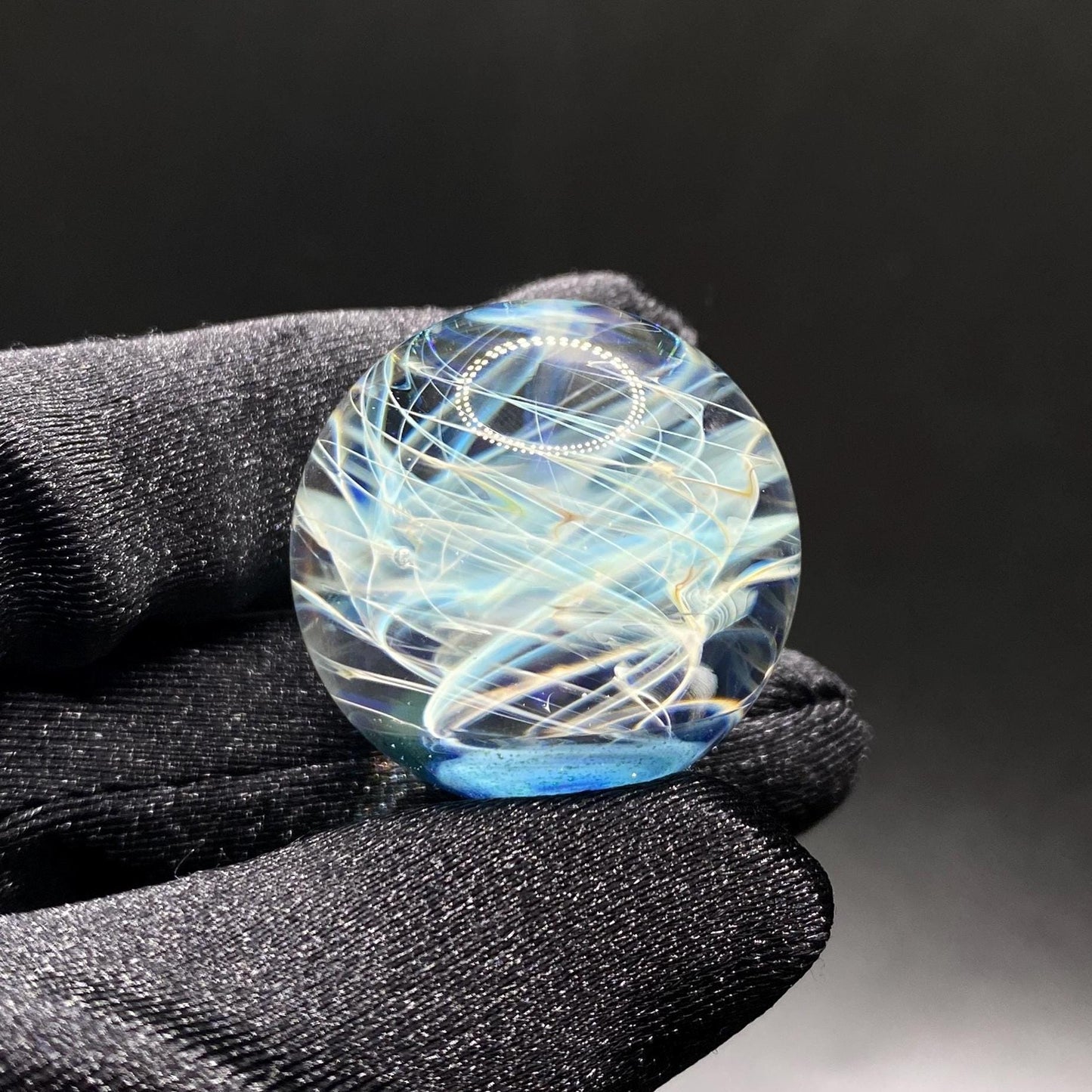 Silver Chaos Fume Blue Glass Marble 1.08 Inch Handcrafted || Includes Free Wood Display Stand