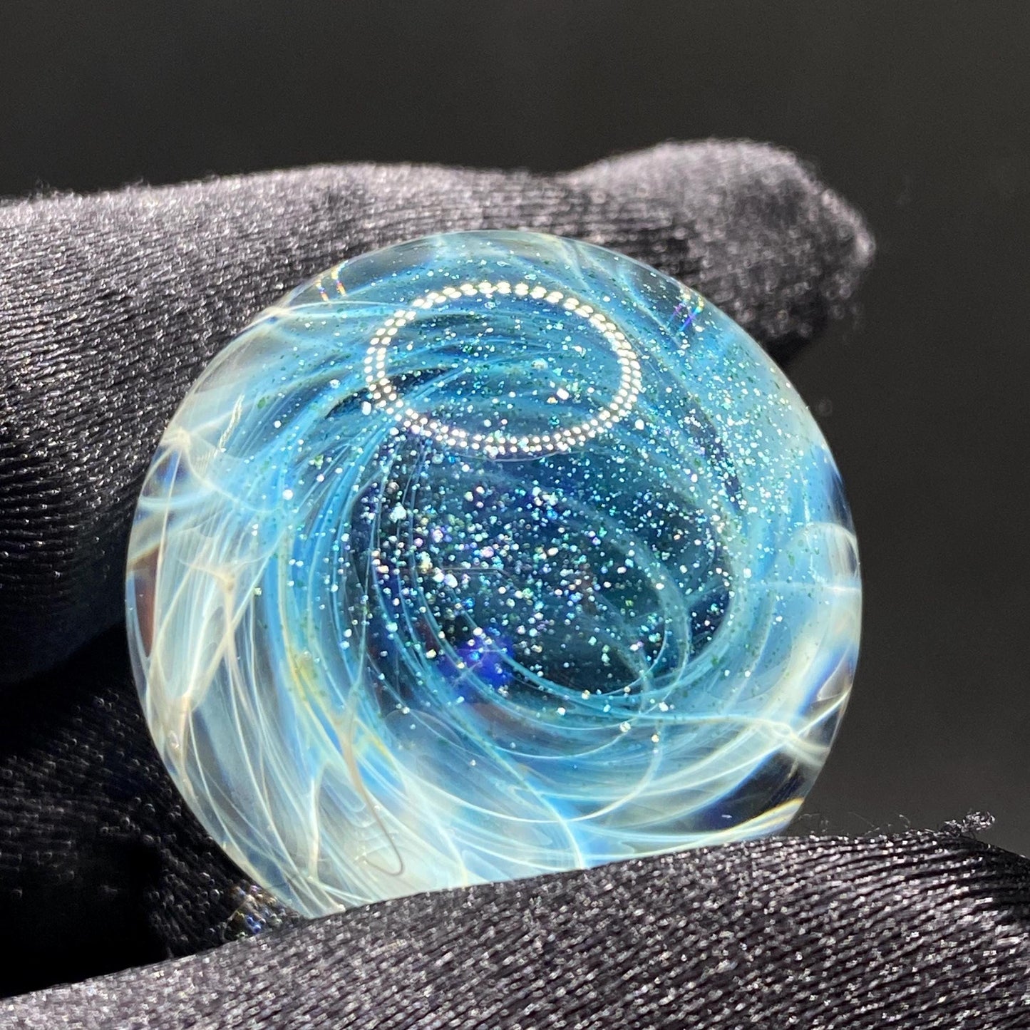 Silver Chaos Fume Blue Glass Marble 1.08 Inch Handcrafted || Includes Free Wood Display Stand