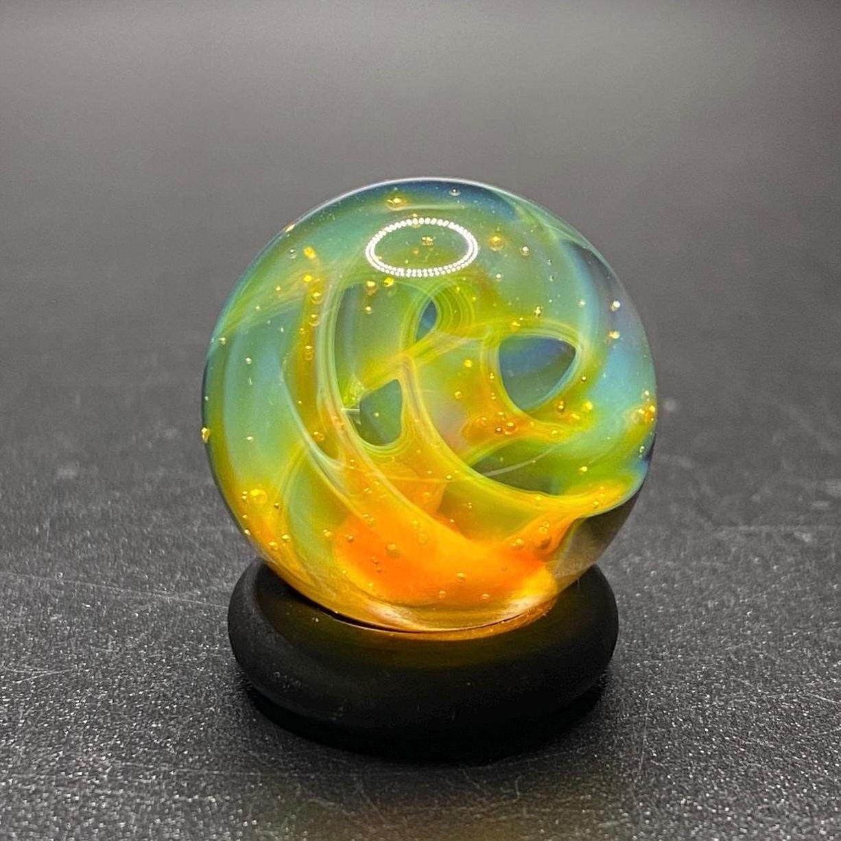 Handmade Glass Marble with Silver Fume Spiral and Electrum Accent .86 Inch - Free Wooden Display Stand Included