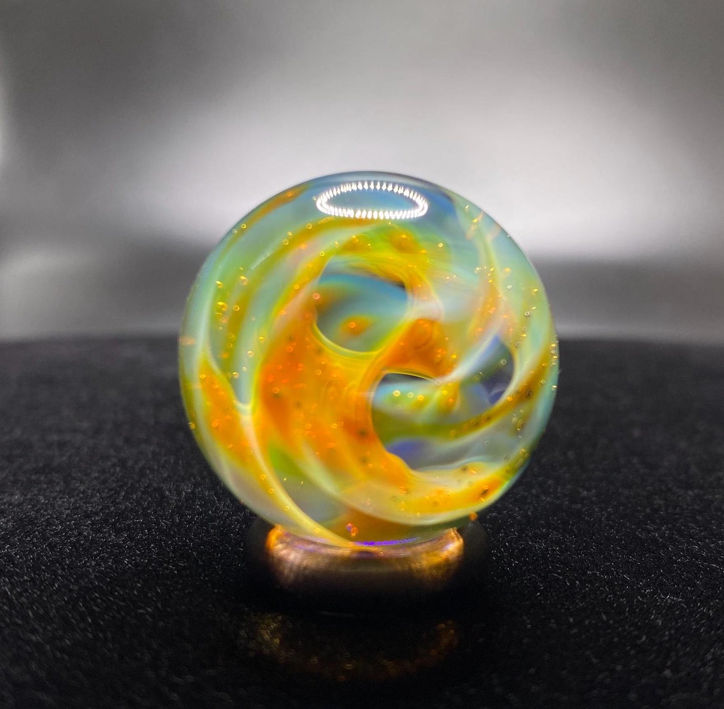 1.16 Inch Handcrafted Borosilicate Glass Marble with Silver Fume Spiral - Heady Glass Art Marble - Includes Wooden Display Stand