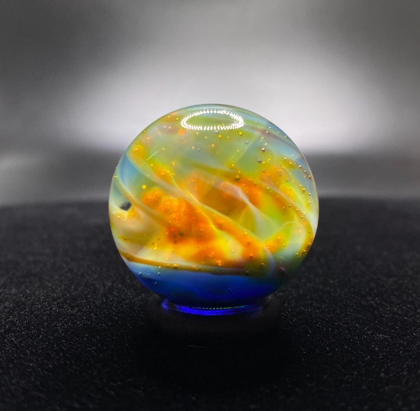 1.16 Inch Handcrafted Borosilicate Glass Marble with Silver Fume Spiral - Heady Glass Art Marble - Includes Wooden Display Stand