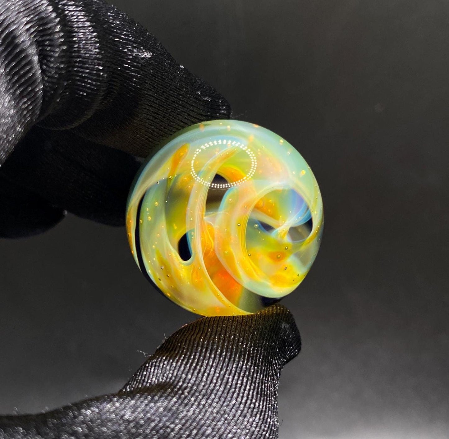 1.16 Inch Handcrafted Borosilicate Glass Marble with Silver Fume Spiral - Heady Glass Art Marble - Includes Wooden Display Stand