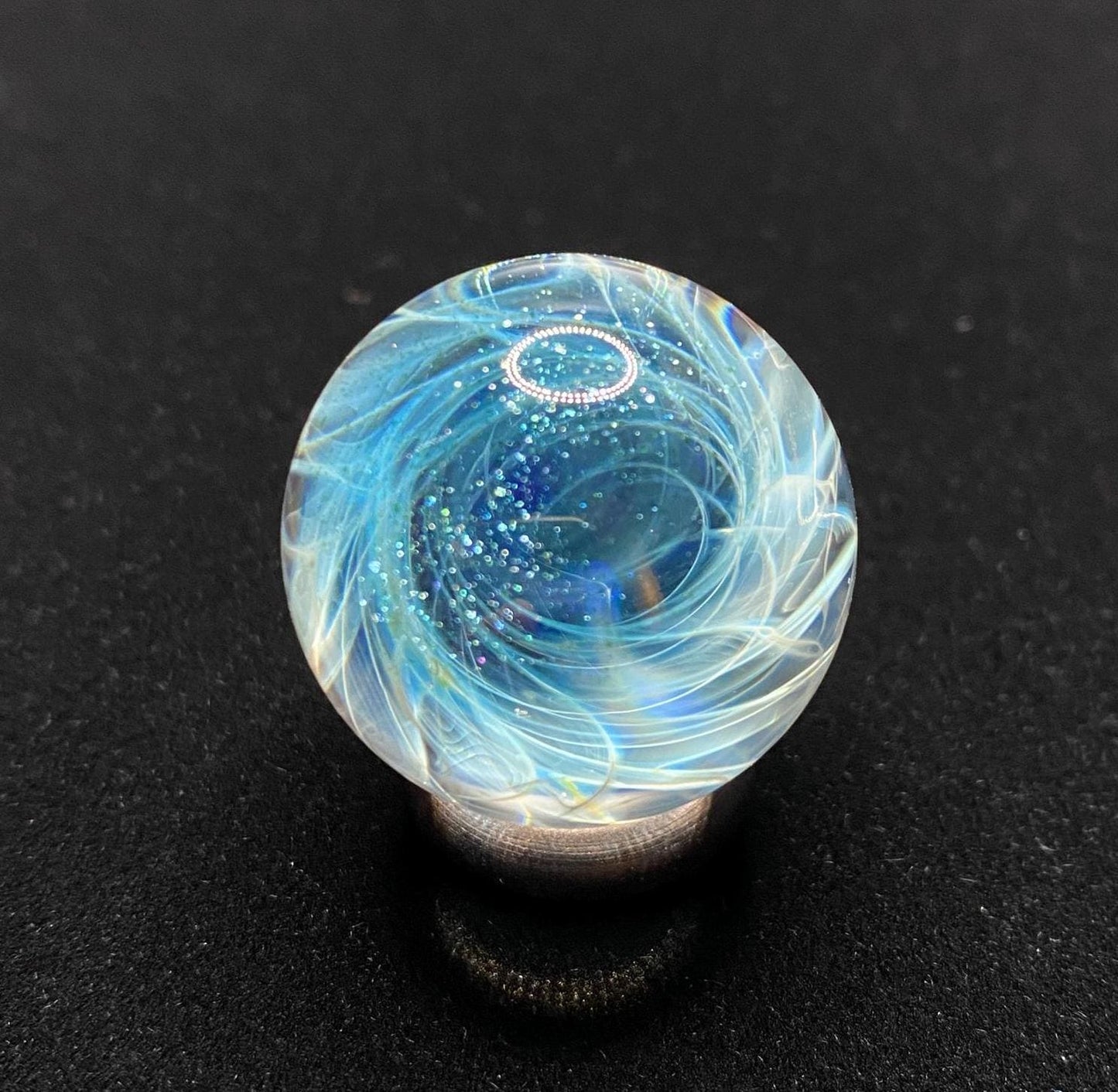 Silver Chaos Fume Blue Glass Marble 1.08 Inch Handcrafted || Includes Free Wood Display Stand