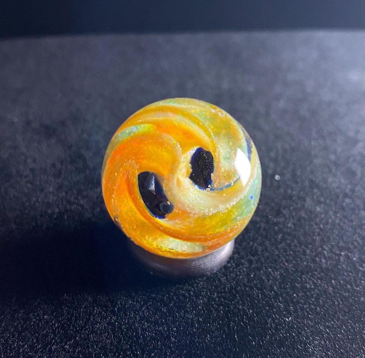 1.08 Inch Handmade Glass Marble with Silver Fume Spiral and Crushed Opal - Heady Glass Art - Includes Wooden Display Stand