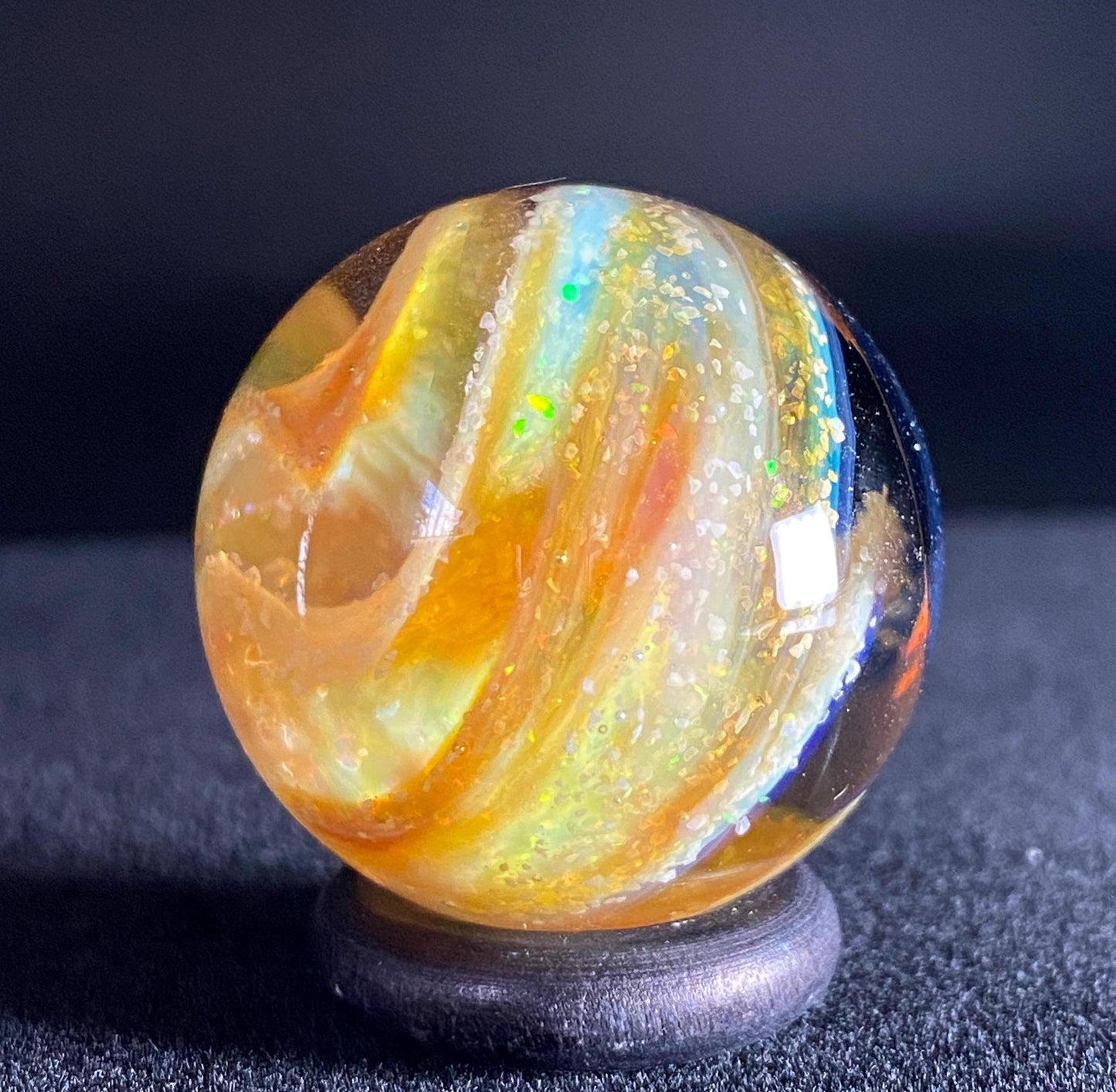 1.08 Inch Handmade Glass Marble with Silver Fume Spiral and Crushed Opal - Heady Glass Art - Includes Wooden Display Stand