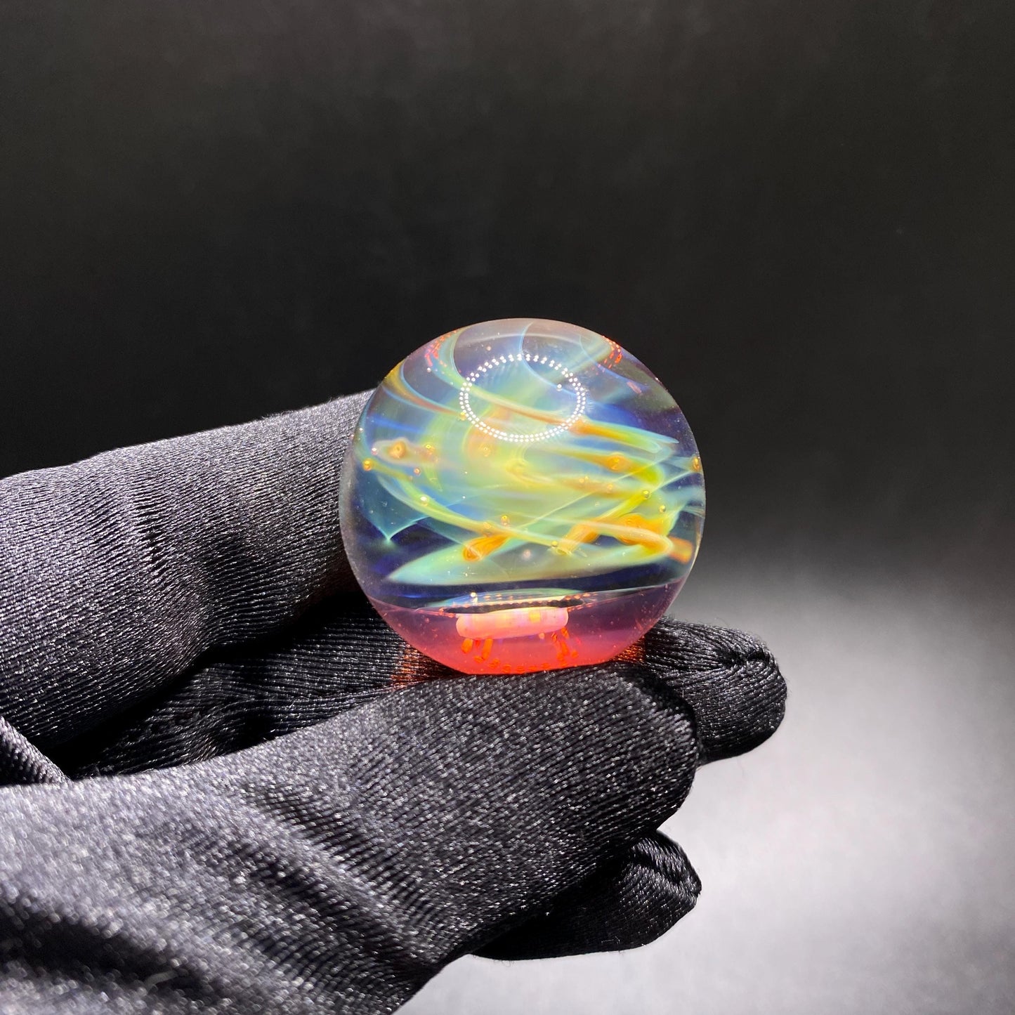 Handmade Glass Marble 1.15 Inches with Silver Fume Spiral and Opal Coin - Includes Free Wooden Display Stand
