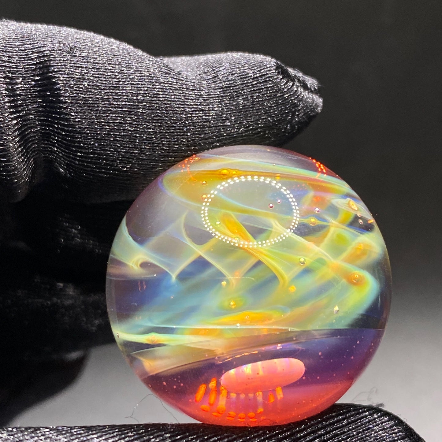 Handmade Glass Marble 1.15 Inches with Silver Fume Spiral and Opal Coin - Includes Free Wooden Display Stand