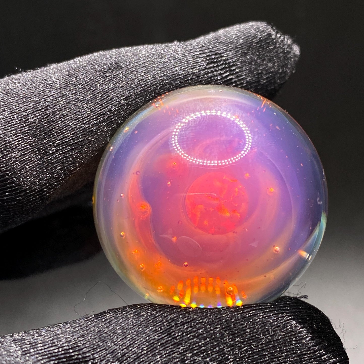 Handmade Glass Marble 1.15 Inches with Silver Fume Spiral and Opal Coin - Includes Free Wooden Display Stand