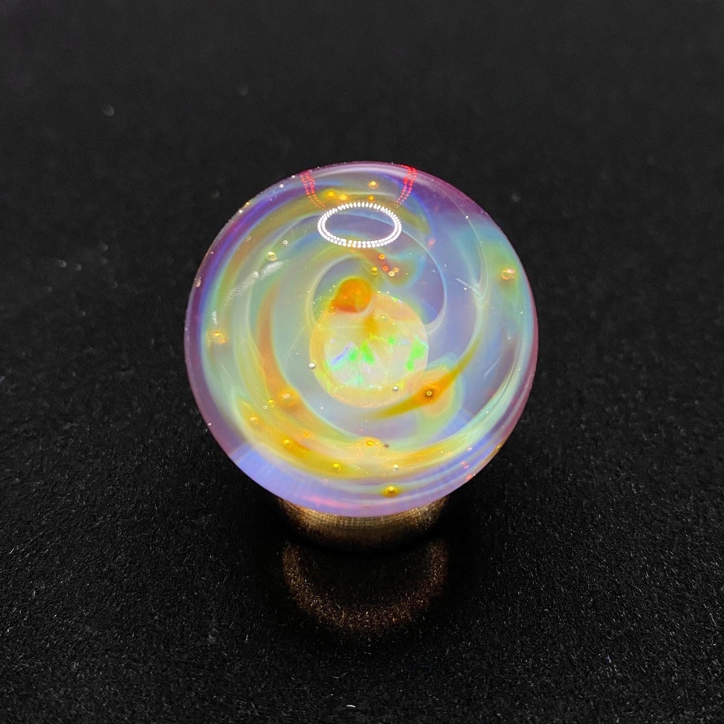 Handmade Glass Marble 1.15 Inches with Silver Fume Spiral and Opal Coin - Includes Free Wooden Display Stand