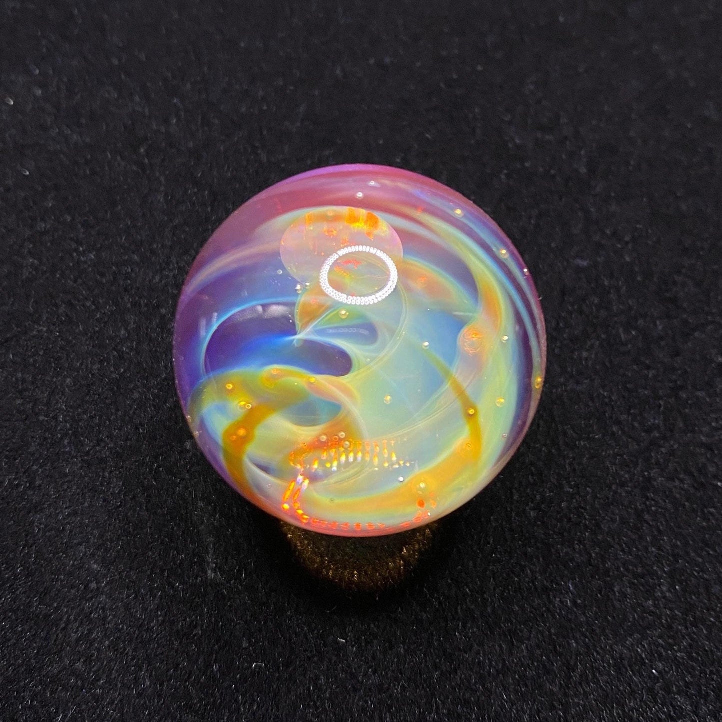 Handmade Glass Marble 1.15 Inches with Silver Fume Spiral and Opal Coin - Includes Free Wooden Display Stand