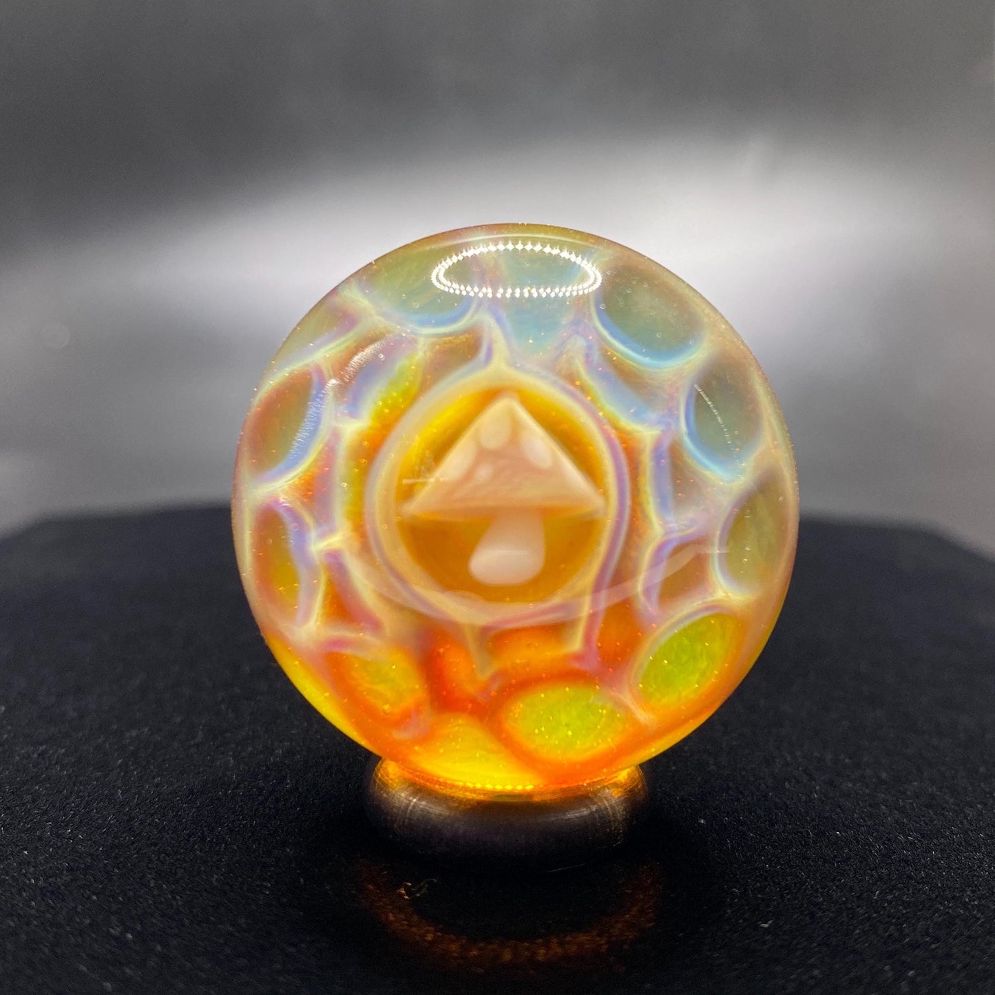 Handmade Glass Mushroom Marble - 1.43 Inches - Heady Glass for Collectors - Includes Free Wood Display