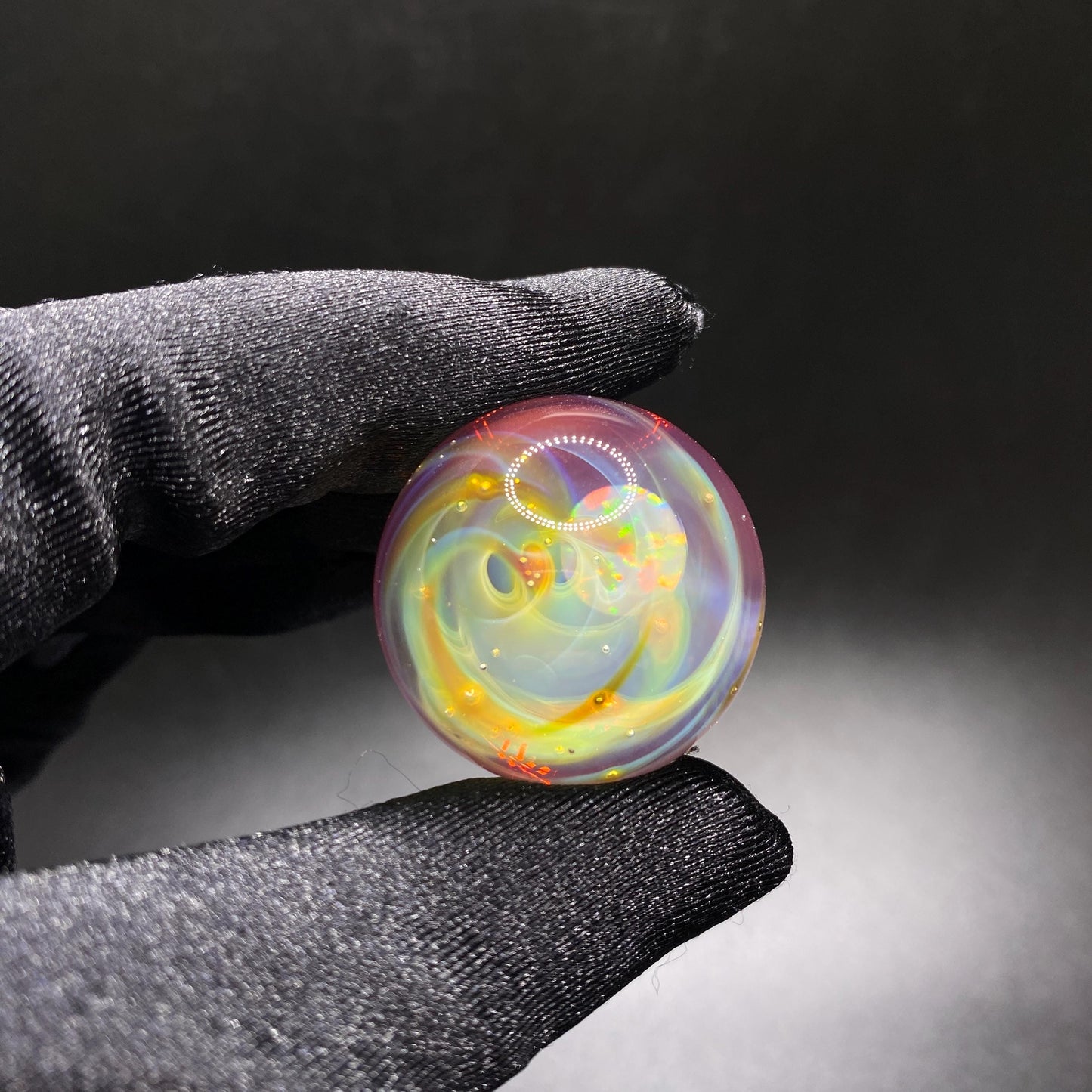 Handmade Glass Marble 1.15 Inches with Silver Fume Spiral and Opal Coin - Includes Free Wooden Display Stand