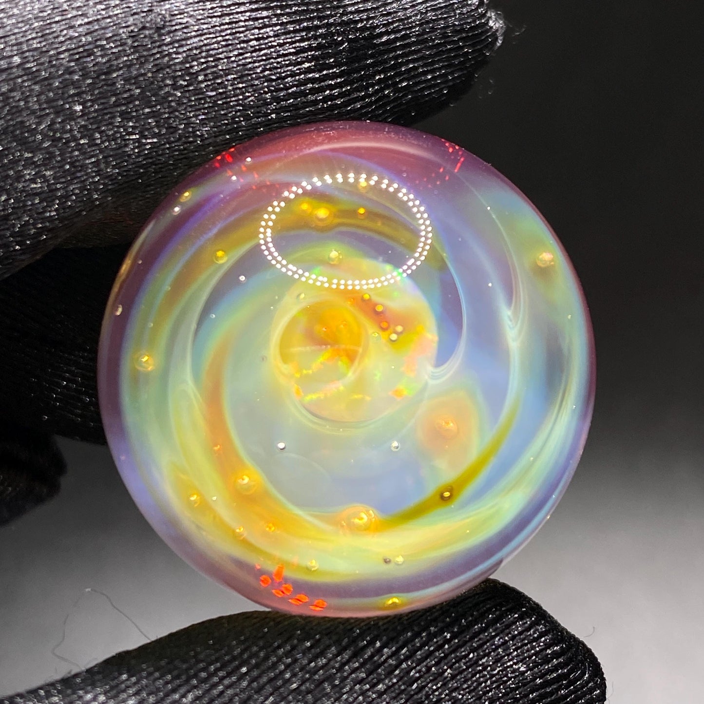 Handmade Glass Marble 1.15 Inches with Silver Fume Spiral and Opal Coin - Includes Free Wooden Display Stand