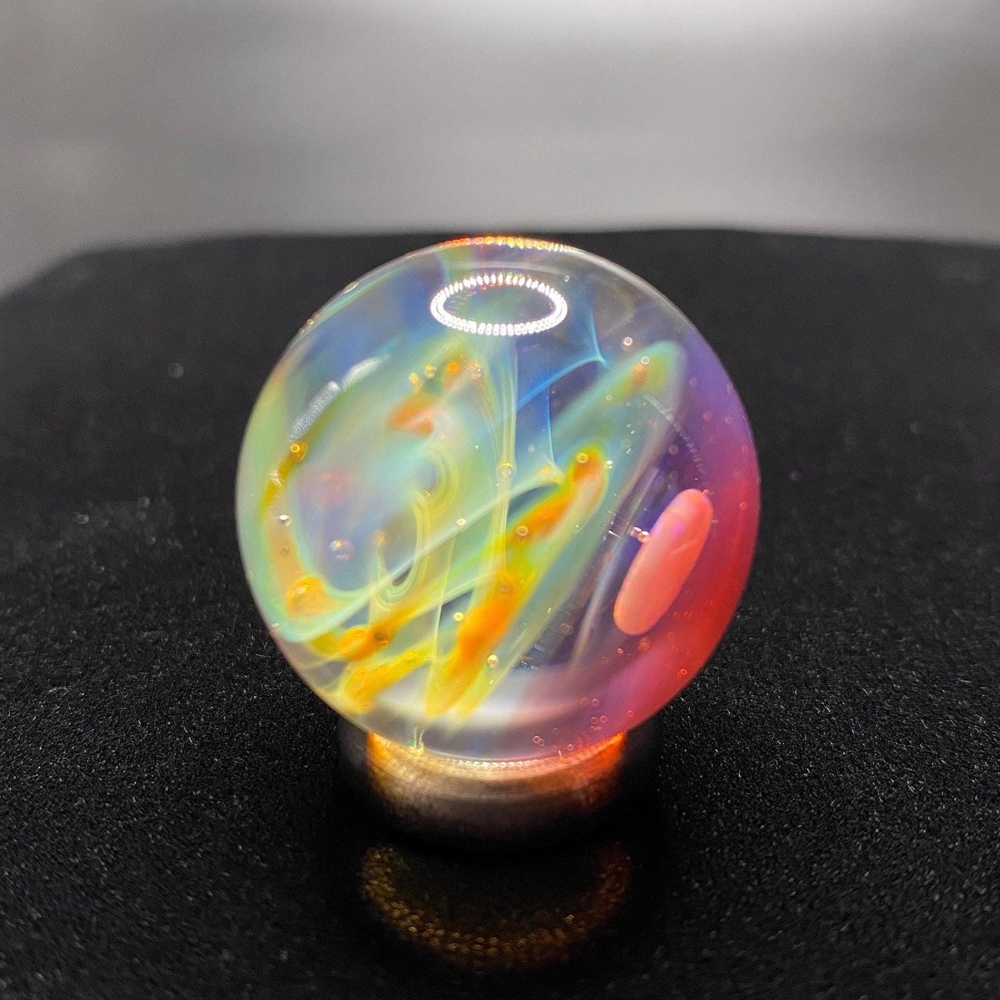 Handmade Glass Marble 1.15 Inches with Silver Fume Spiral and Opal Coin - Includes Free Wooden Display Stand
