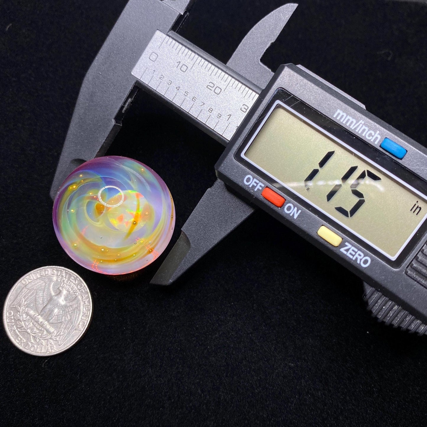 Handmade Glass Marble 1.15 Inches with Silver Fume Spiral and Opal Coin - Includes Free Wooden Display Stand