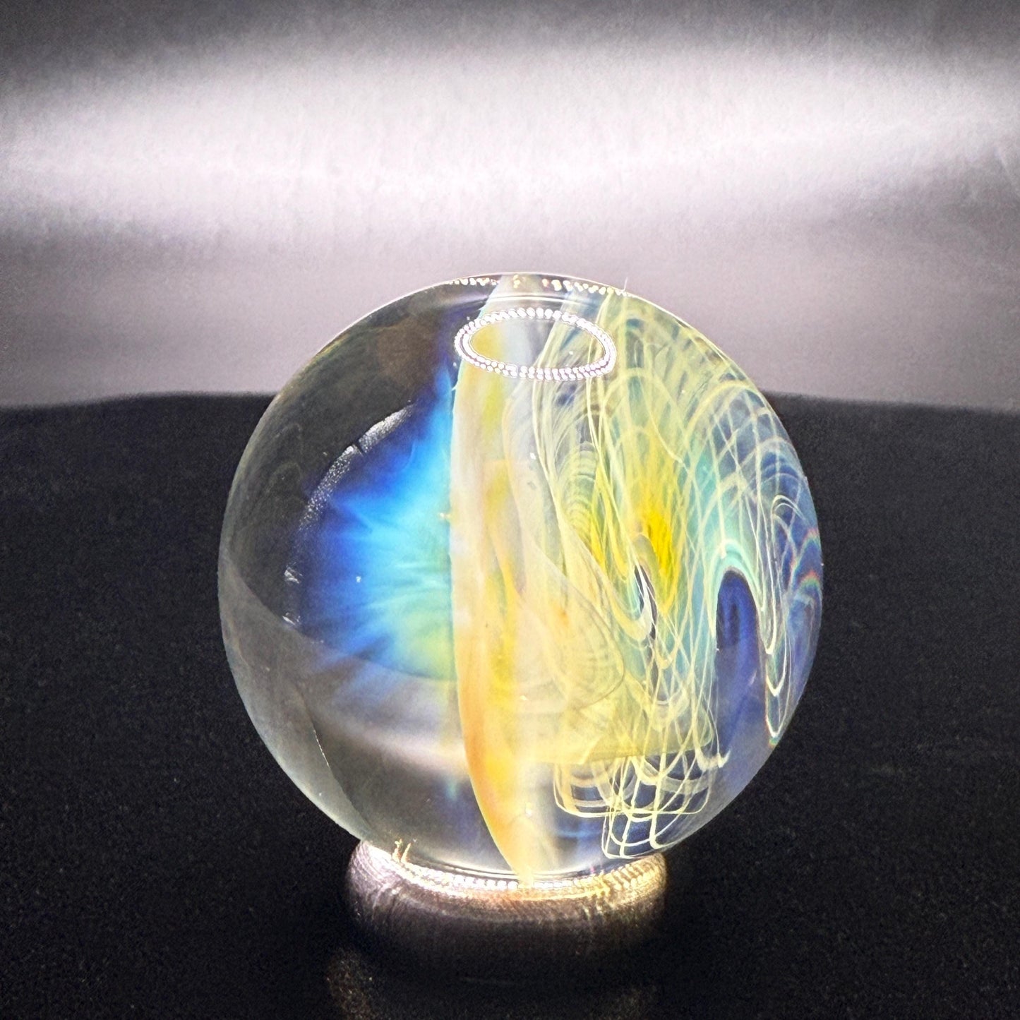 1.26 Inch Handcrafted Borosilicate Glass Marble with Silver Fume - Heady Glass Art Marble - Includes Wooden Display Stand