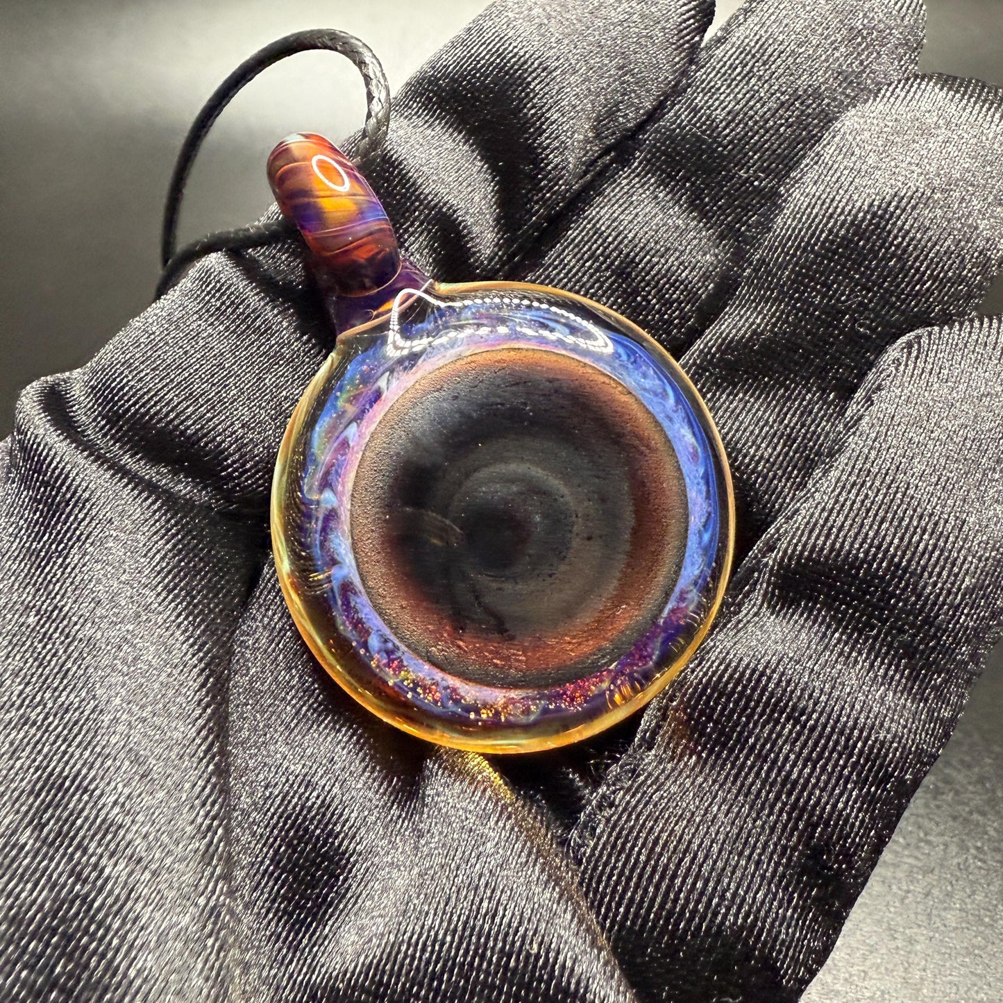 Blown Glass Pendant with Purple and Yellow Spiral and Electrum || Handmade Heady Glass Necklace