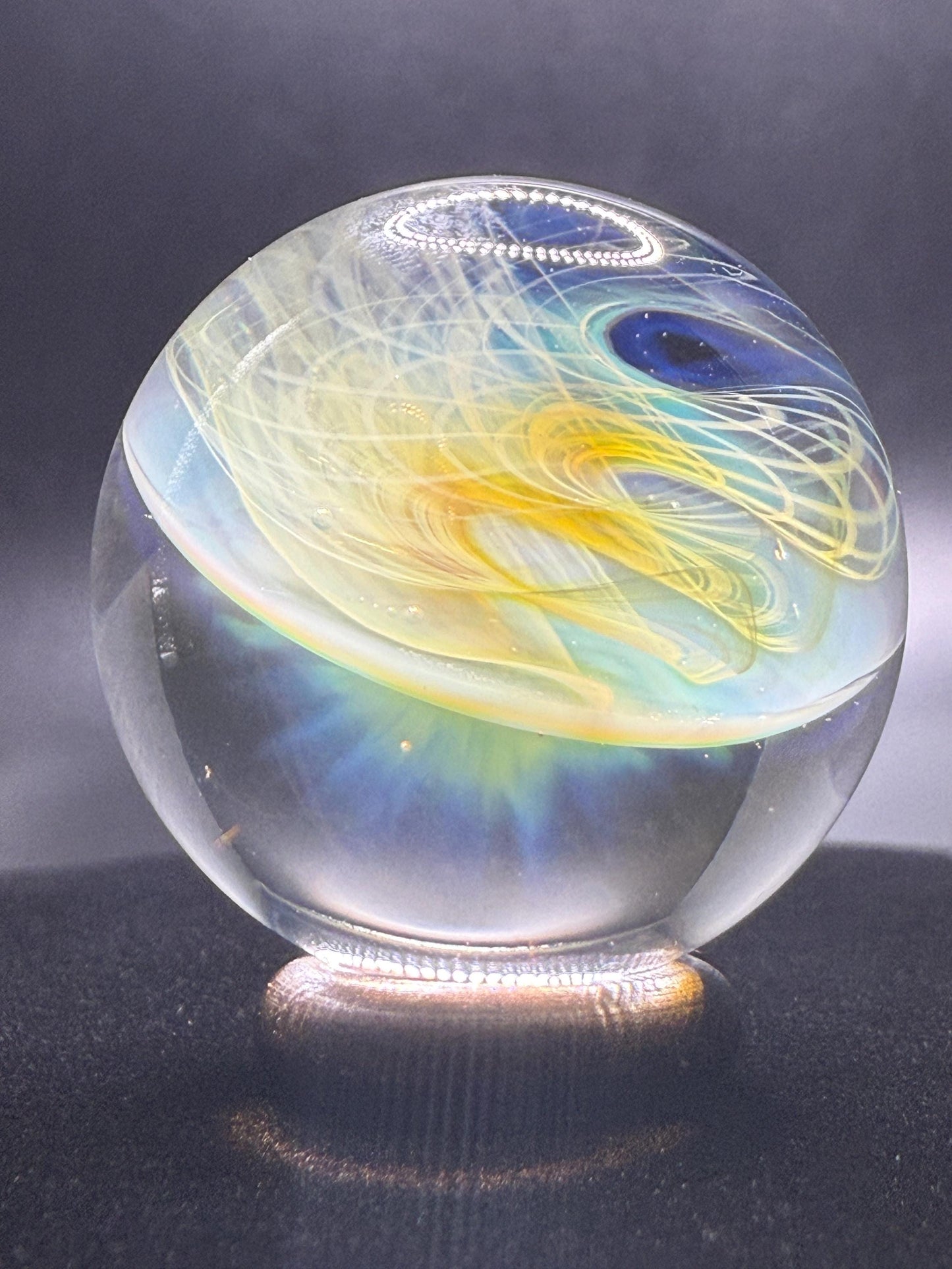 1.26 Inch Handcrafted Borosilicate Glass Marble with Silver Fume - Heady Glass Art Marble - Includes Wooden Display Stand