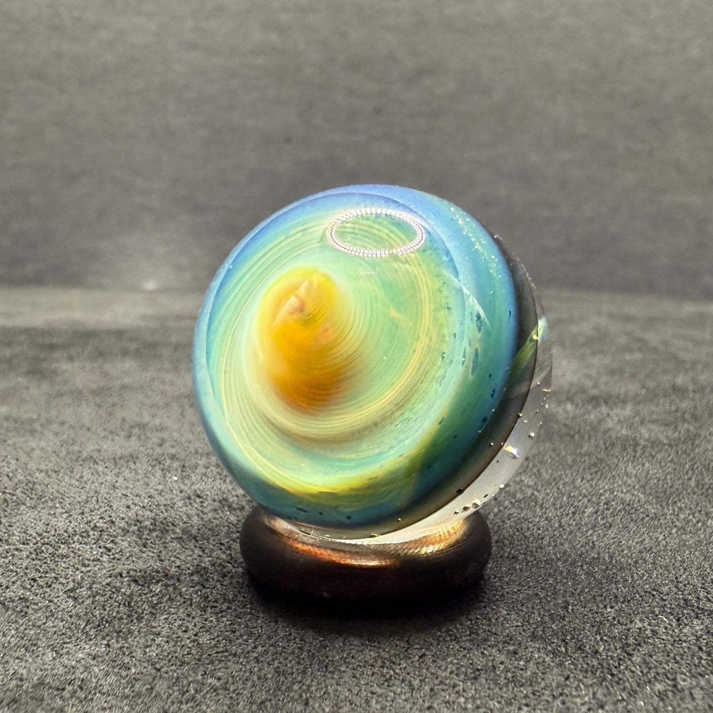 1.06 Inch Flip-Side Glass Marble – Silver Fume Spiral Art Glass – Handmade Collectible with Display Stand