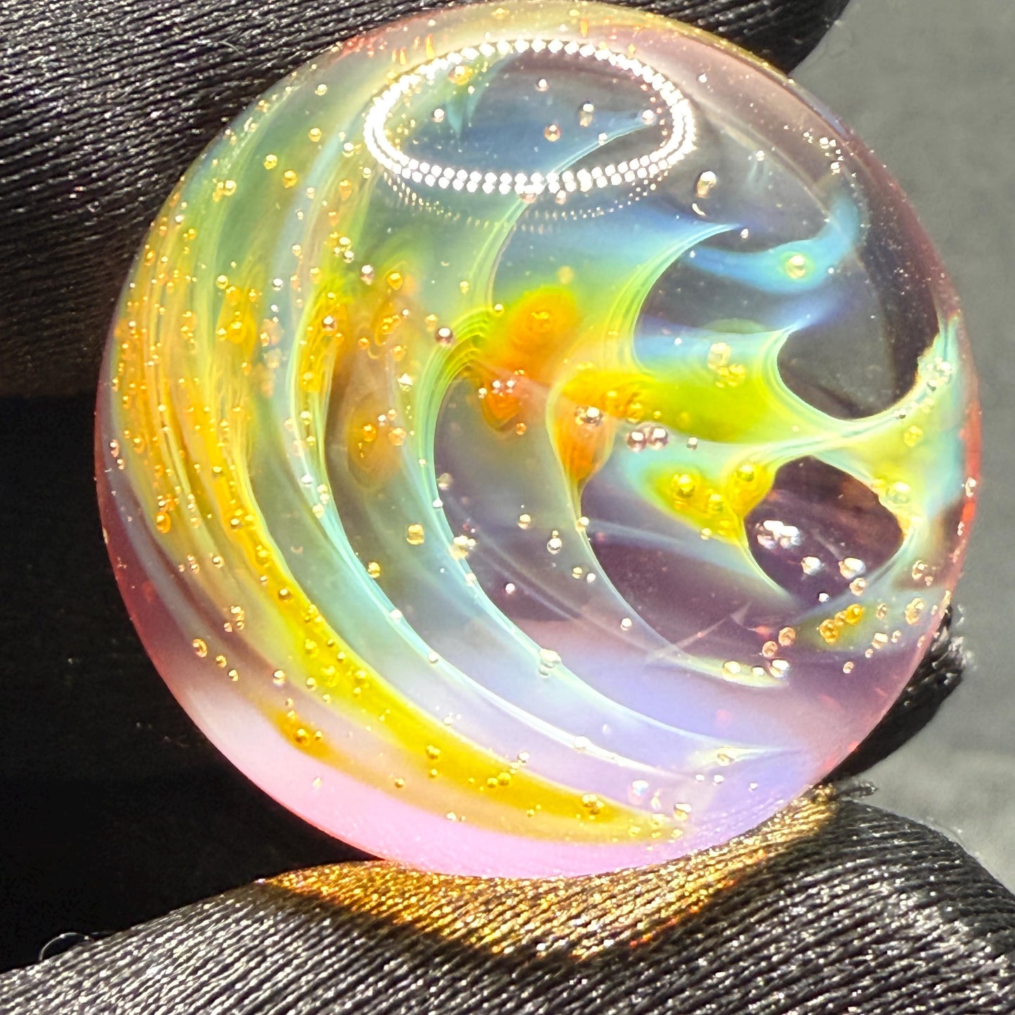 Handcrafted Borosilicate Glass Marble with Silver Fume Spiral 1.11 Inch - Heady Glass Art Marble - Includes Wooden Display Stand