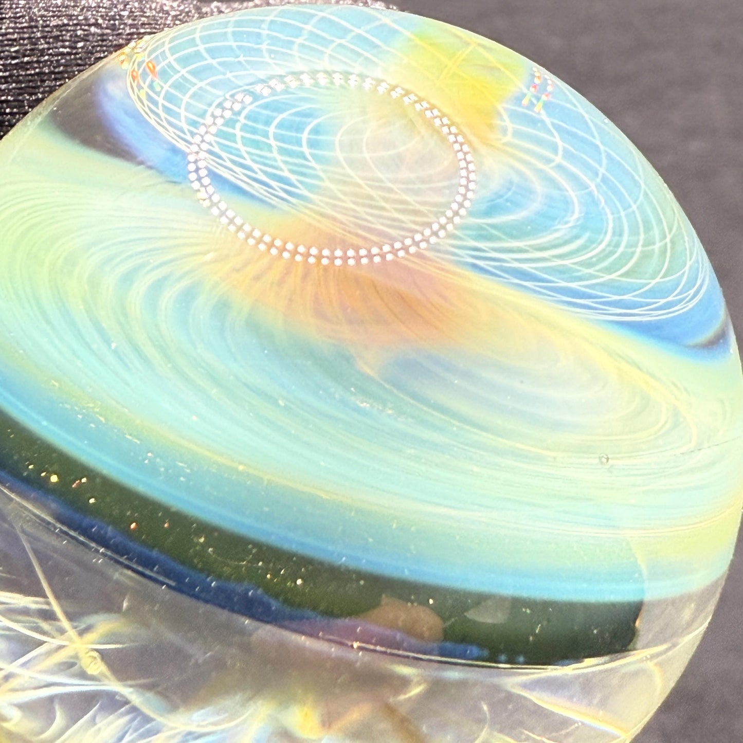 1.34 Inch Handcrafted Borosilicate Glass Marble with Chaos Silver Fume & Fumicello- Heady Glass Art Marble - Includes Wooden Display Stand