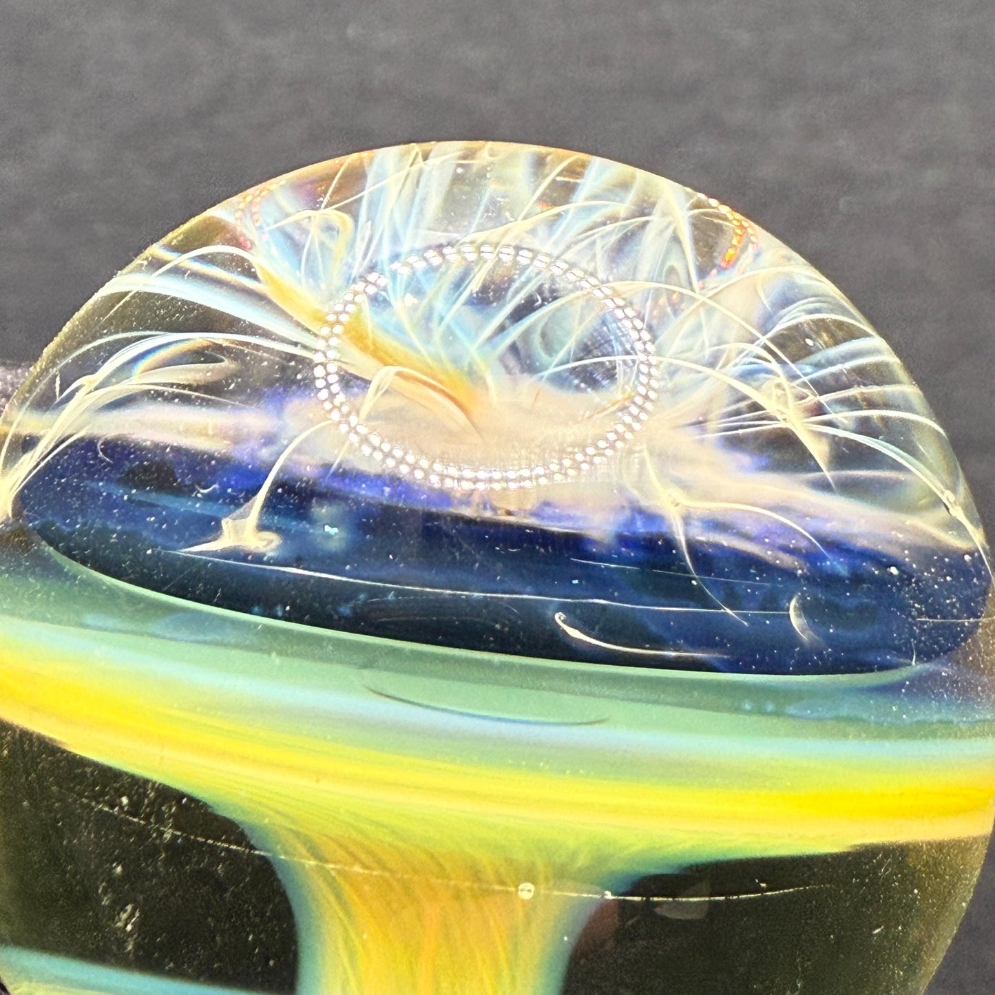1.34 Inch Handcrafted Borosilicate Glass Marble with Chaos Silver Fume & Fumicello- Heady Glass Art Marble - Includes Wooden Display Stand