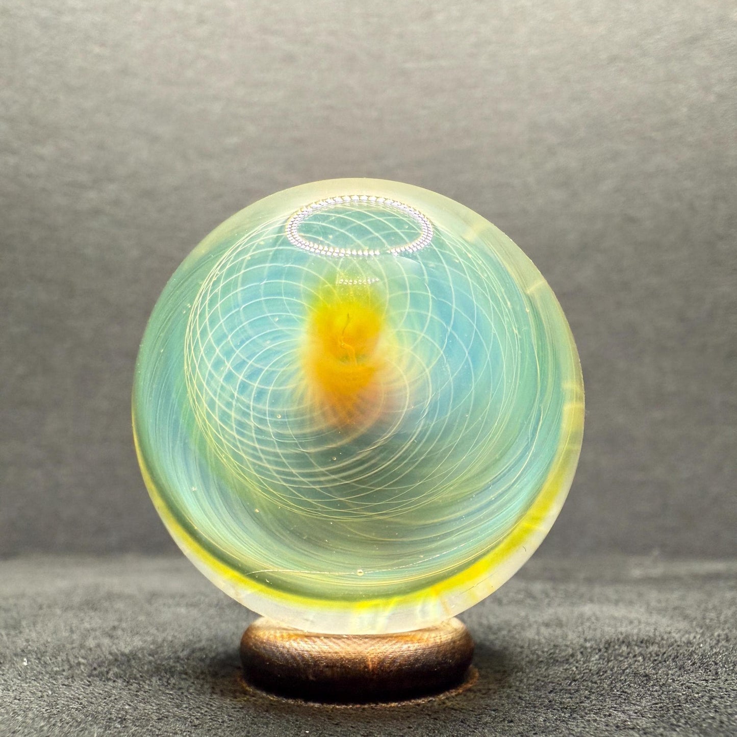 1.34 Inch Handcrafted Borosilicate Glass Marble with Chaos Silver Fume & Fumicello- Heady Glass Art Marble - Includes Wooden Display Stand